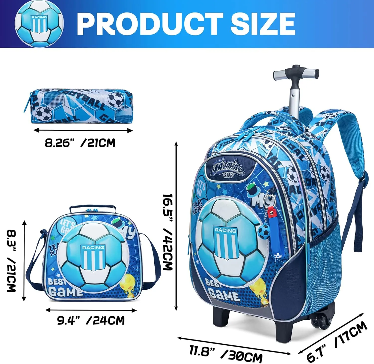 Meetbelify Rolling Backpack with Wheels for Boys Rolling Backpacks with Lunch Box for Elementary School Students 3 in 1 Travel Luggage Carry on Suitcase for Boys Age 8-10 Blue
