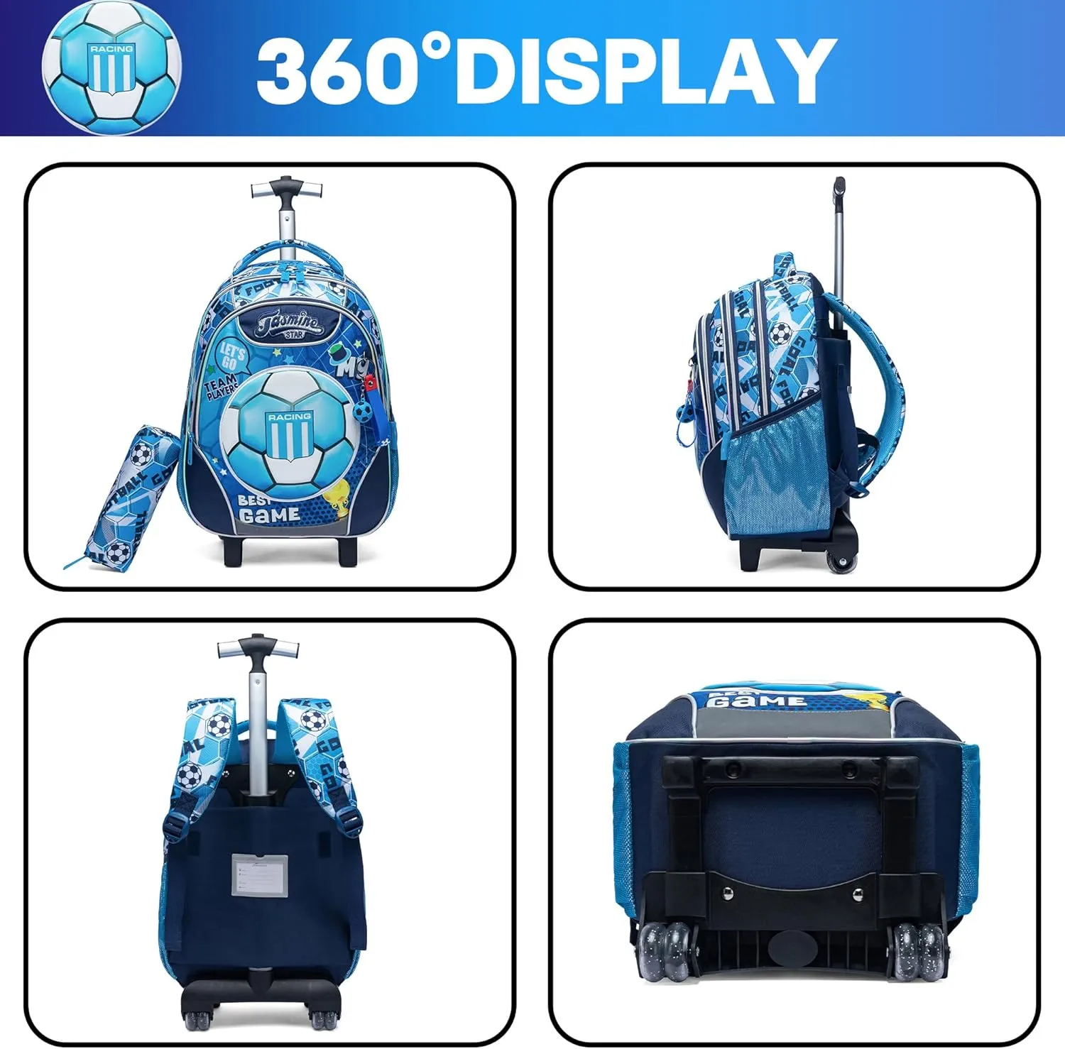 Meetbelify Rolling Backpack with Wheels for Boys Rolling Backpacks with Lunch Box for Elementary School Students 3 in 1 Travel Luggage Carry on Suitcase for Boys Age 8-10 Blue