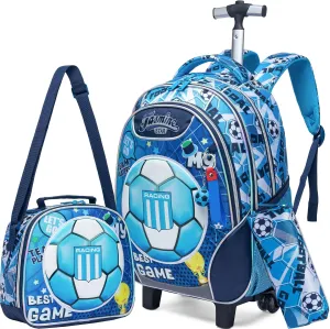 Meetbelify Rolling Backpack with Wheels for Boys Rolling Backpacks with Lunch Box for Elementary School Students 3 in 1 Travel Luggage Carry on Suitcase for Boys Age 8-10 Blue