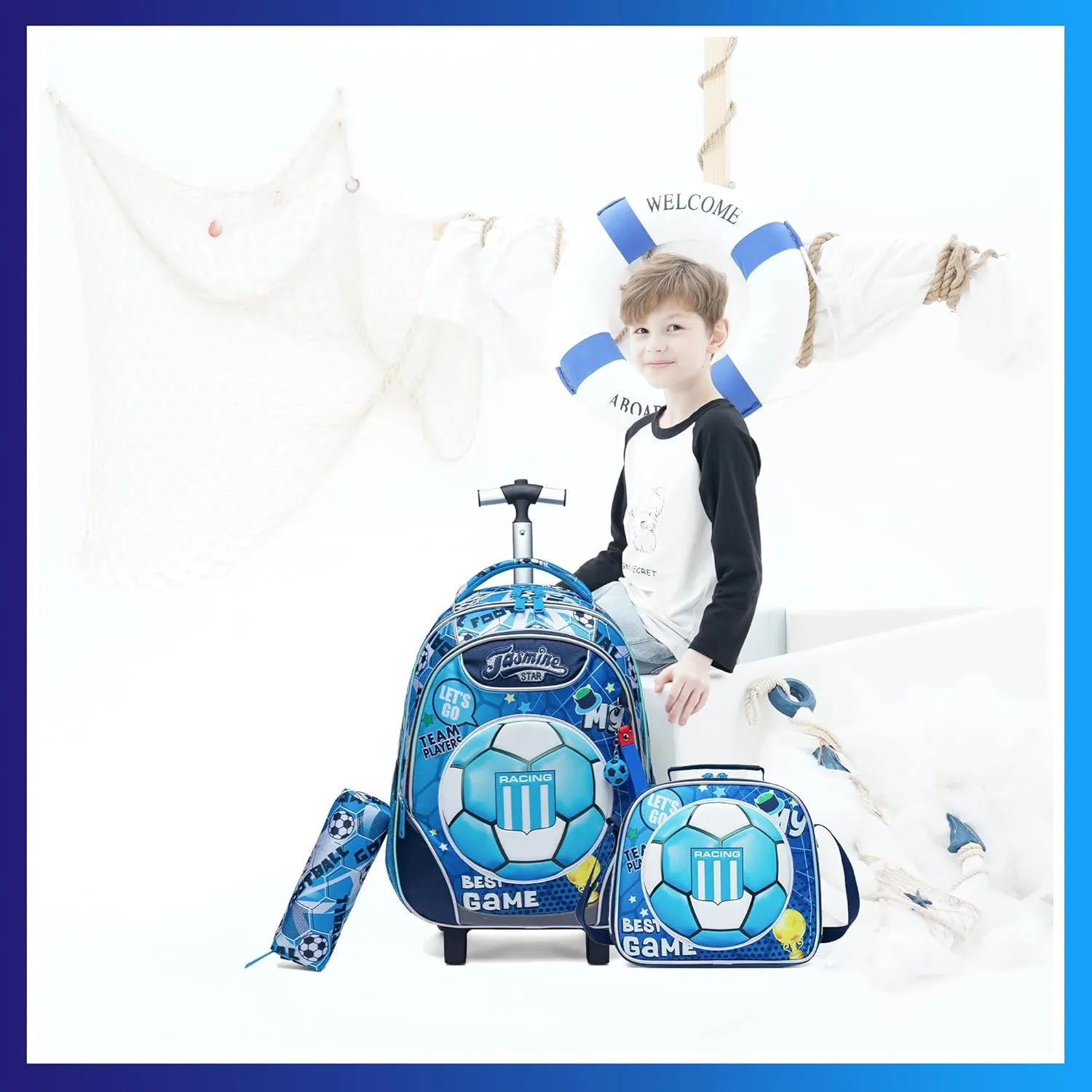 Meetbelify Rolling Backpack with Wheels for Boys Rolling Backpacks with Lunch Box for Elementary School Students 3 in 1 Travel Luggage Carry on Suitcase for Boys Age 8-10 Blue
