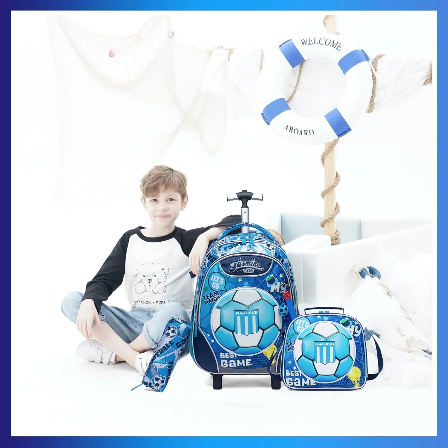 Meetbelify Rolling Backpack with Wheels for Boys Rolling Backpacks with Lunch Box for Elementary School Students 3 in 1 Travel Luggage Carry on Suitcase for Boys Age 8-10 Blue