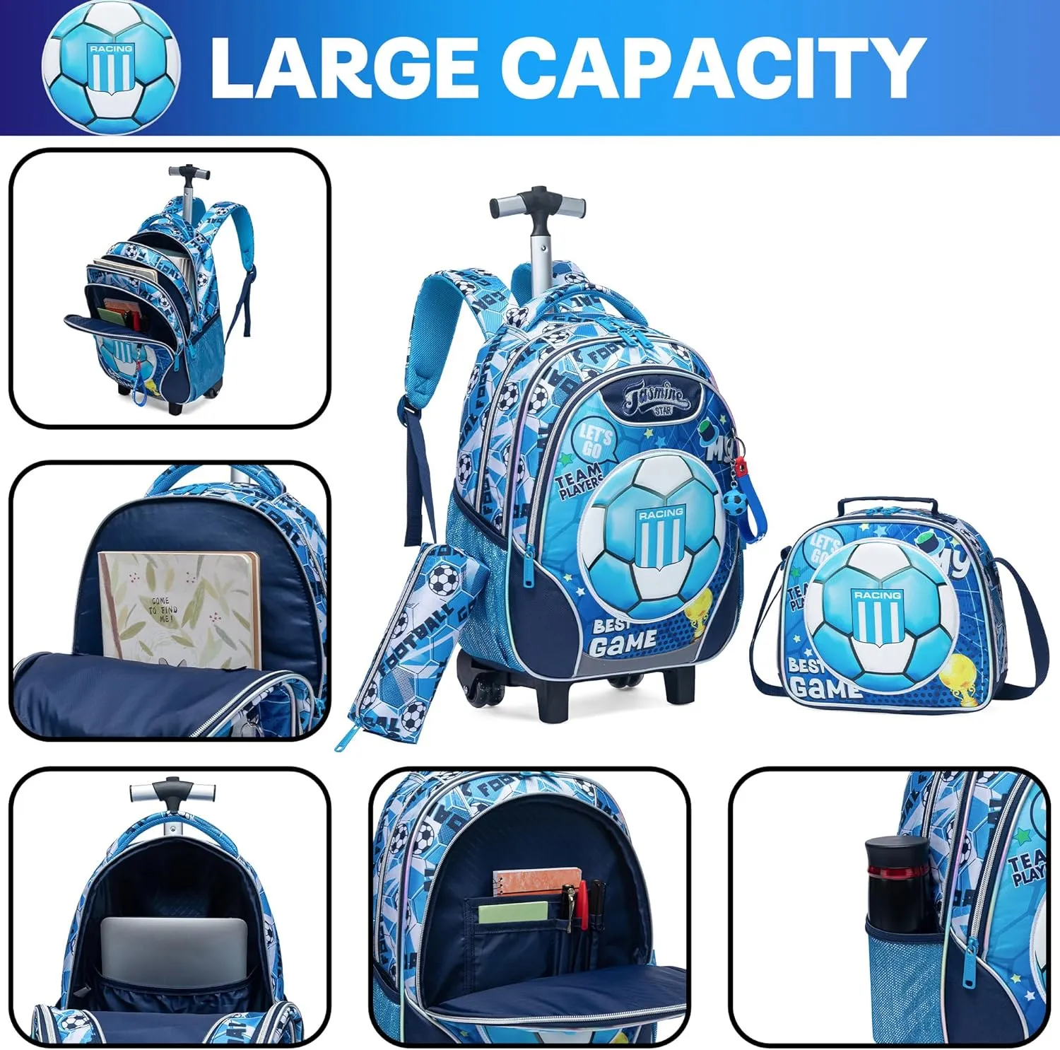 Meetbelify Rolling Backpack with Wheels for Boys Rolling Backpacks with Lunch Box for Elementary School Students 3 in 1 Travel Luggage Carry on Suitcase for Boys Age 8-10 Blue