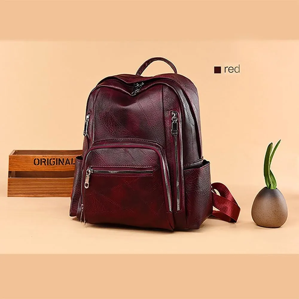 Men's and women's vintage backpacks, made of soft leather with large capacity, suitable for outdoor travel (claret)