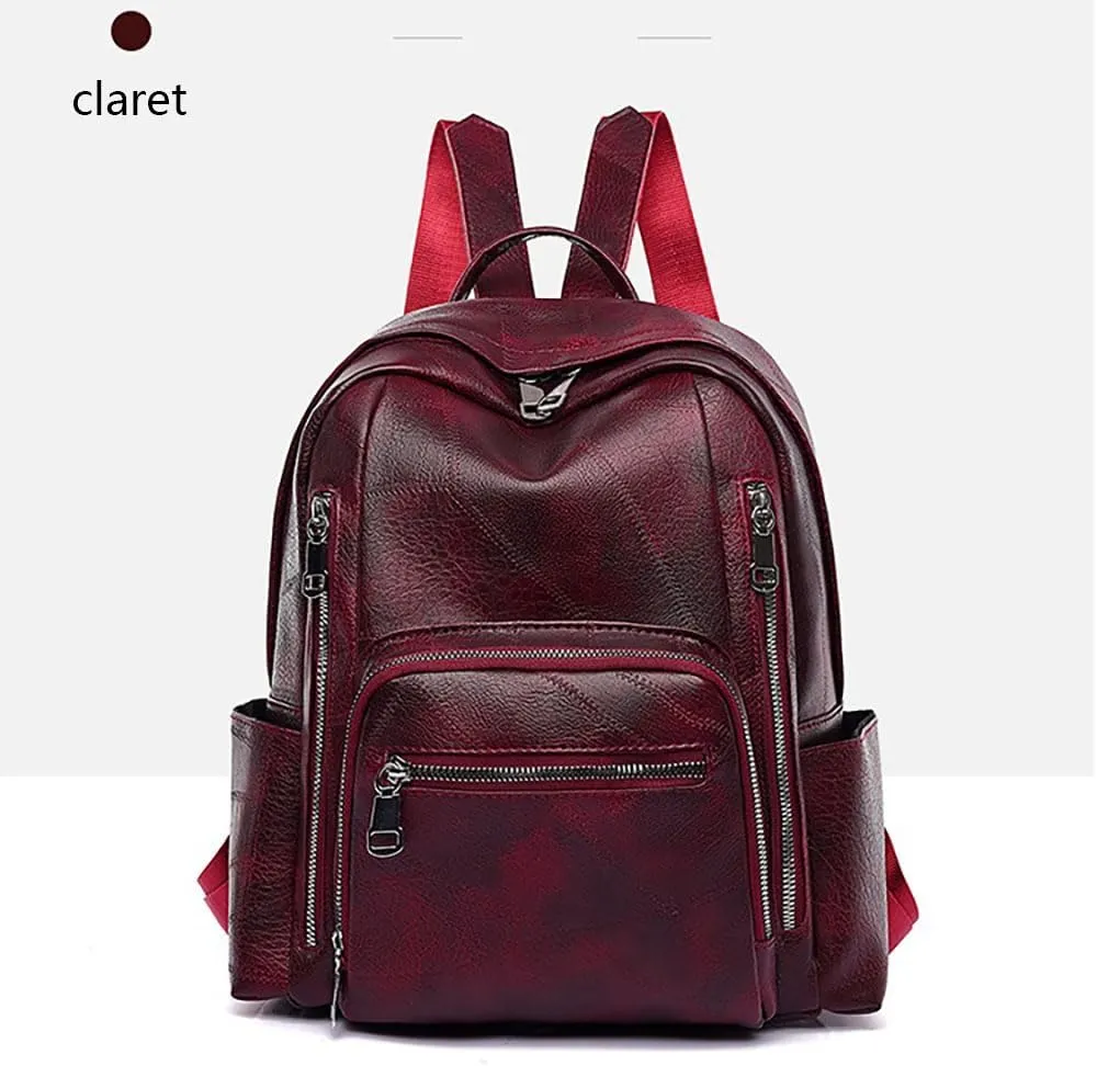 Men's and women's vintage backpacks, made of soft leather with large capacity, suitable for outdoor travel (claret)