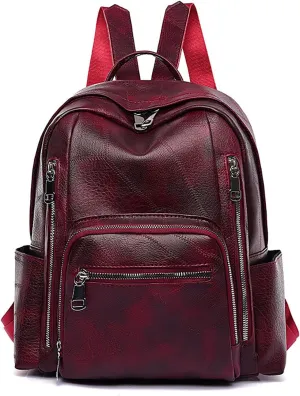 Men's and women's vintage backpacks, made of soft leather with large capacity, suitable for outdoor travel (claret)
