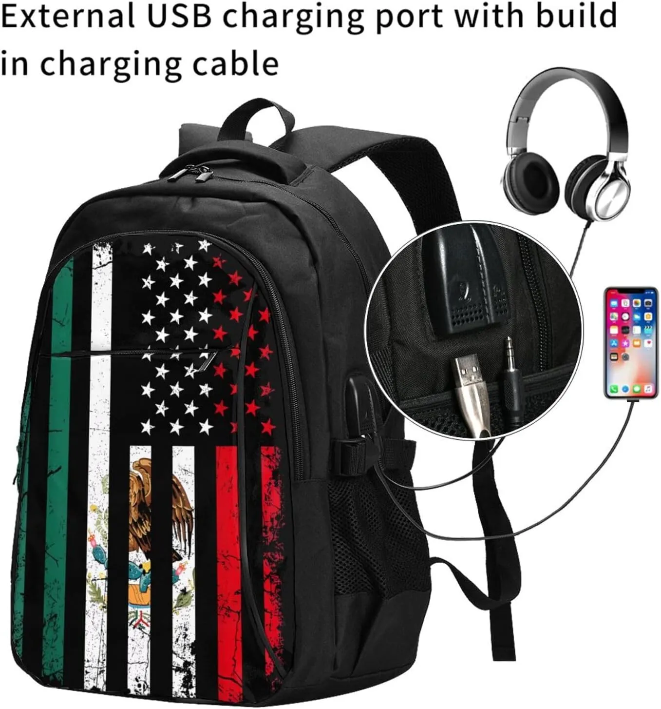 Mexico Mexican Eagle Flag Casual Travel Backpacks Hiking Camping Backpack Large Outdoor Sport Daypack Laptop Rucksack Climbing Working Bags with USB Port