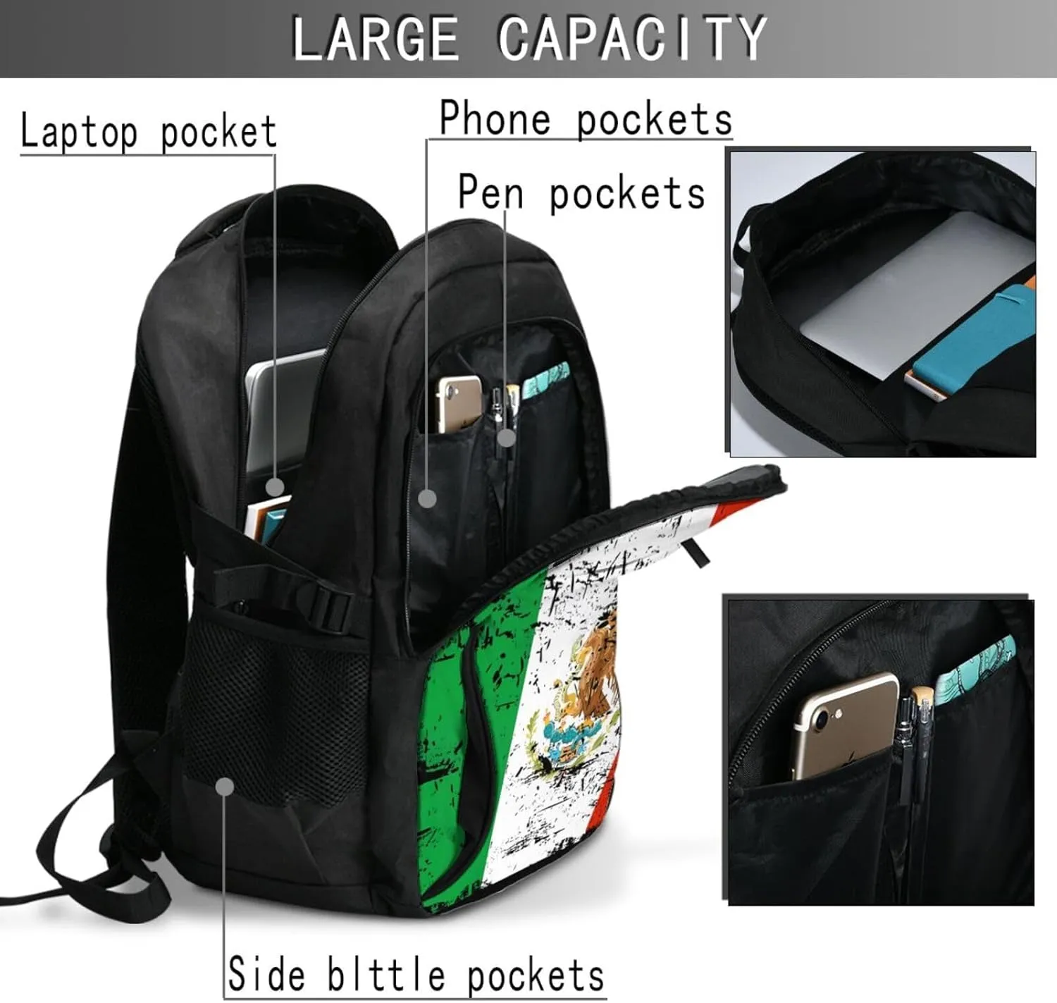Mexico Mexican Eagle Flag Casual Travel Backpacks Hiking Camping Backpack Large Outdoor Sport Daypack Laptop Rucksack Climbing Working Bags with USB Port