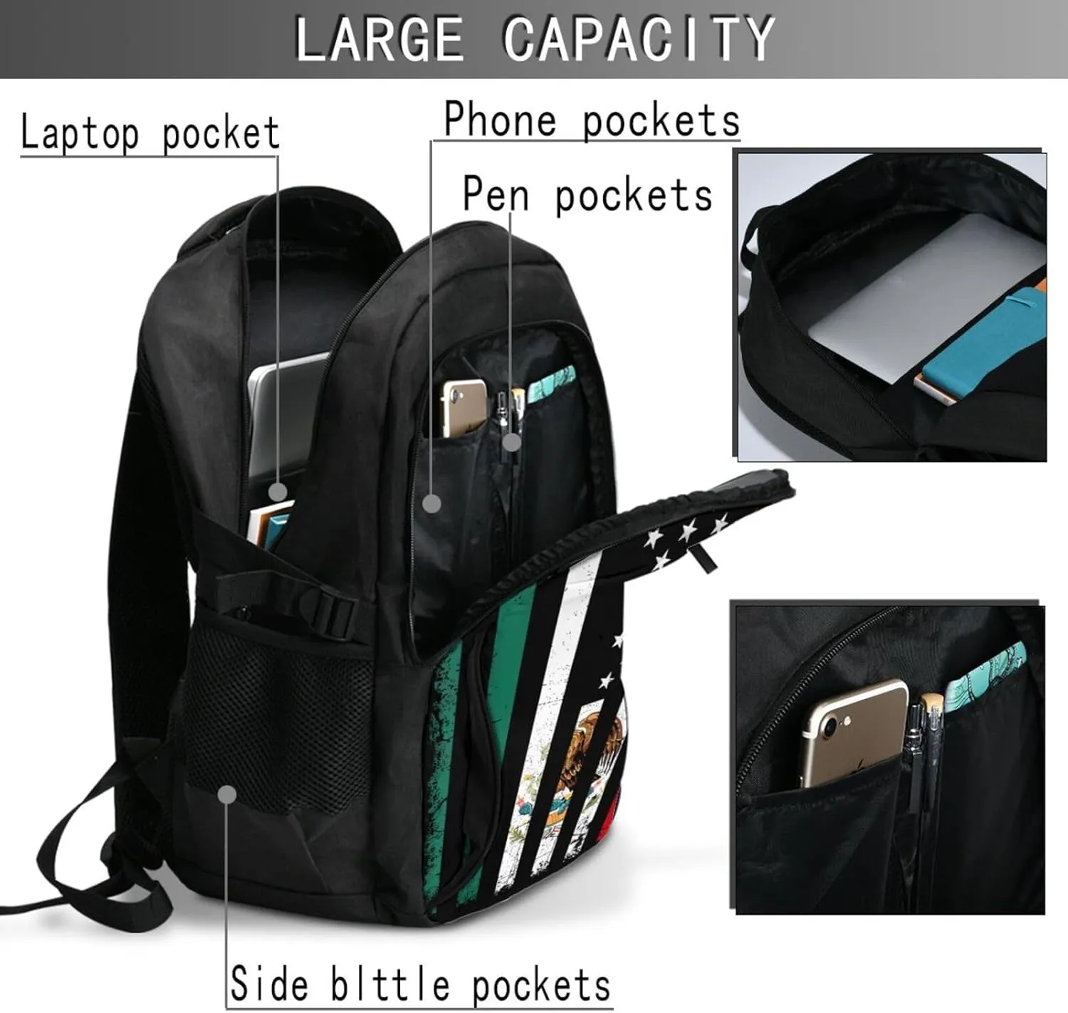 Mexico Mexican Eagle Flag Casual Travel Backpacks Hiking Camping Backpack Large Outdoor Sport Daypack Laptop Rucksack Climbing Working Bags with USB Port