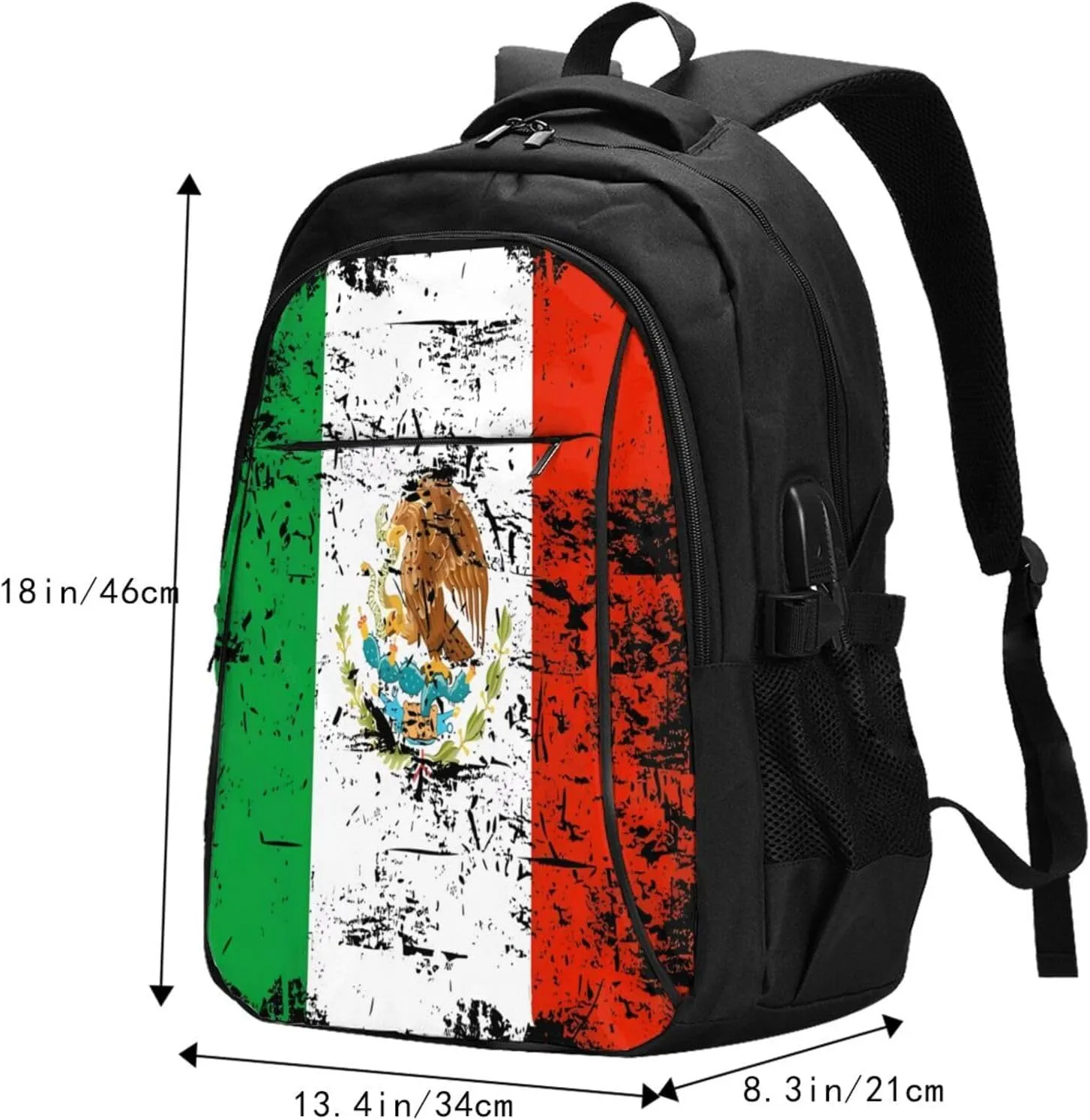 Mexico Mexican Eagle Flag Casual Travel Backpacks Hiking Camping Backpack Large Outdoor Sport Daypack Laptop Rucksack Climbing Working Bags with USB Port