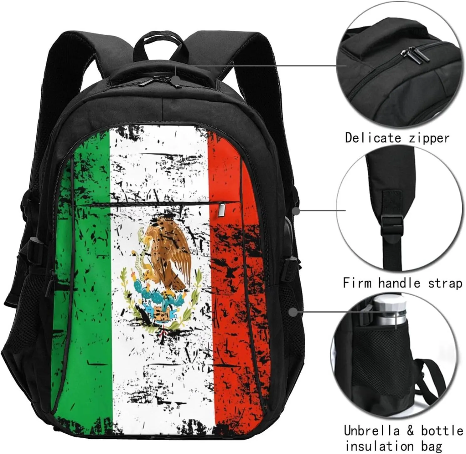 Mexico Mexican Eagle Flag Casual Travel Backpacks Hiking Camping Backpack Large Outdoor Sport Daypack Laptop Rucksack Climbing Working Bags with USB Port