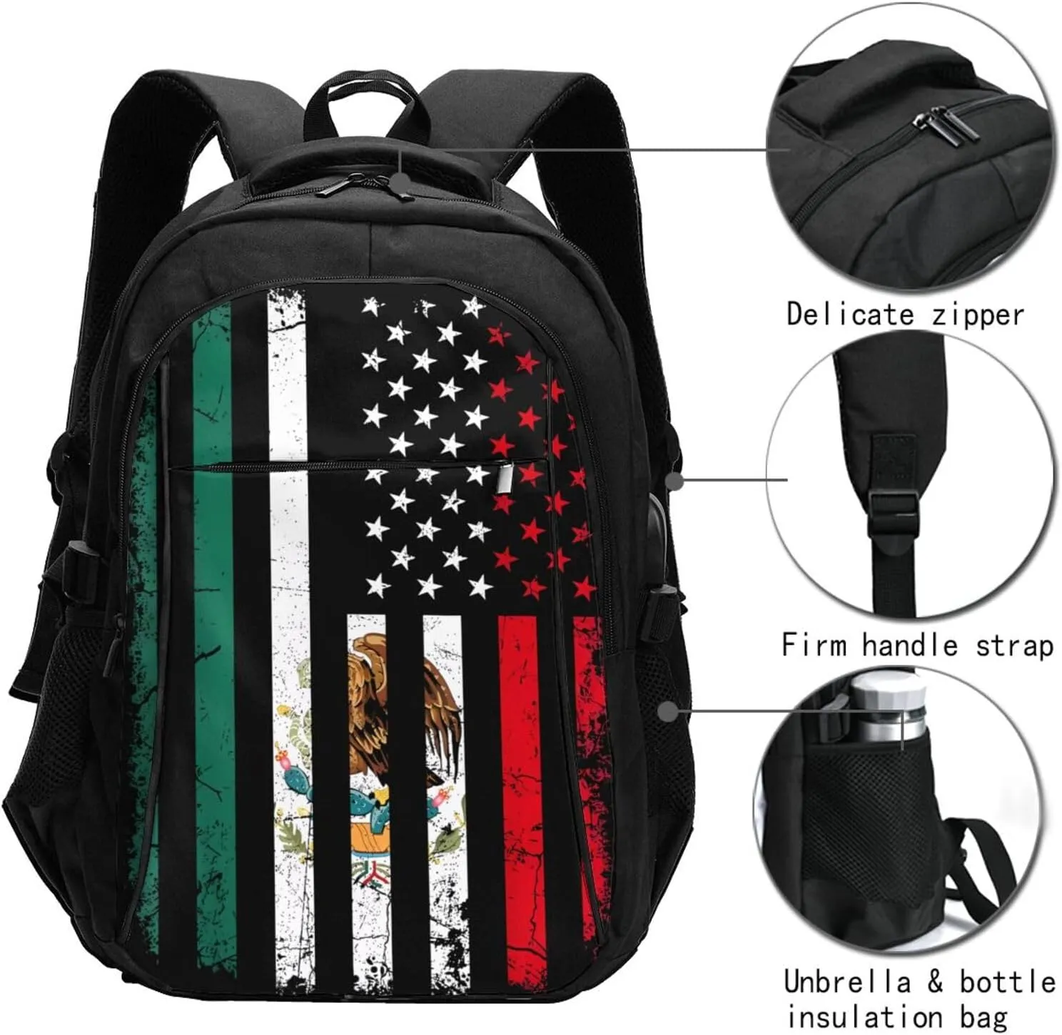 Mexico Mexican Eagle Flag Casual Travel Backpacks Hiking Camping Backpack Large Outdoor Sport Daypack Laptop Rucksack Climbing Working Bags with USB Port