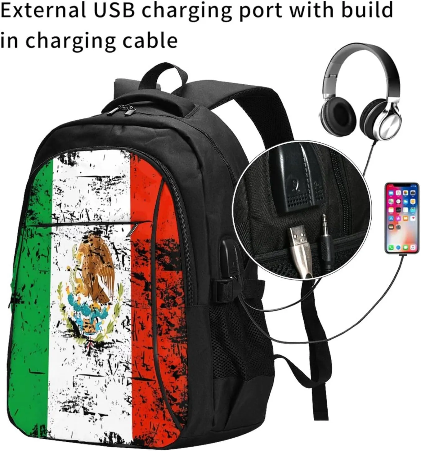 Mexico Mexican Eagle Flag Casual Travel Backpacks Hiking Camping Backpack Large Outdoor Sport Daypack Laptop Rucksack Climbing Working Bags with USB Port