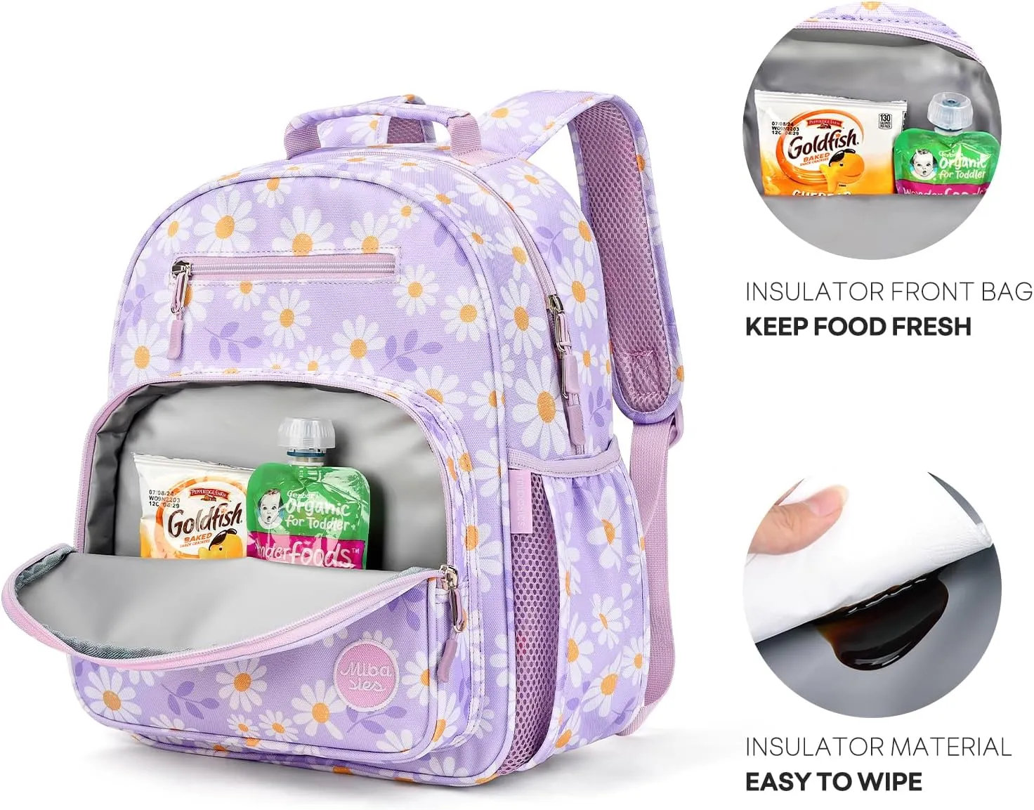 mibasies Kids Backpack for Girls: Girls Backpack 5-8 - Kindergarten Elementary School Bookbag for Girl - Daisy Purple