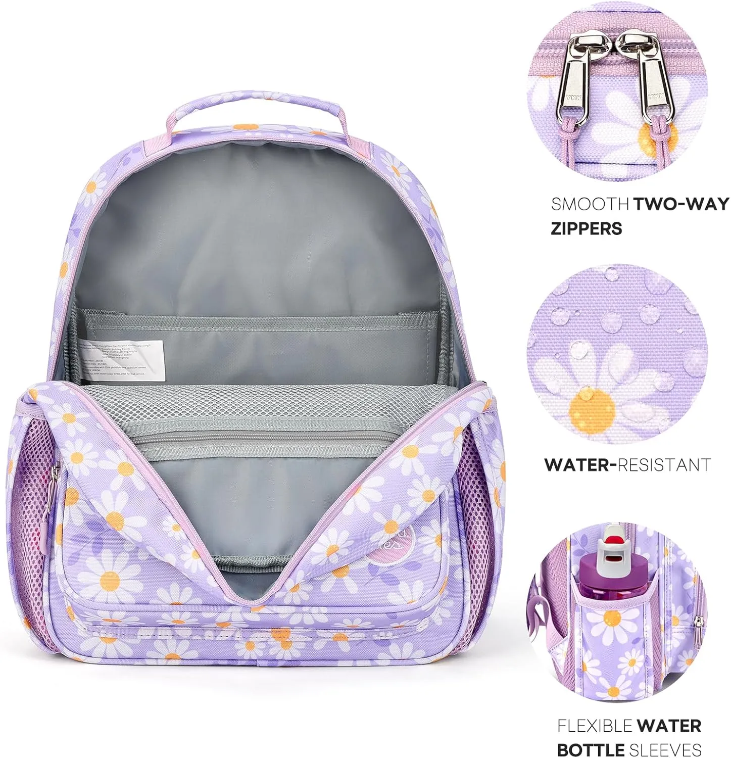 mibasies Kids Backpack for Girls: Girls Backpack 5-8 - Kindergarten Elementary School Bookbag for Girl - Daisy Purple