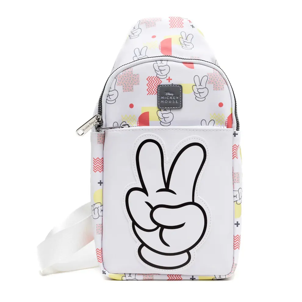 Mickey Mouse Peace Fingers and Icons Disney Buckle-Down Collage White Crossbody Sling Bag