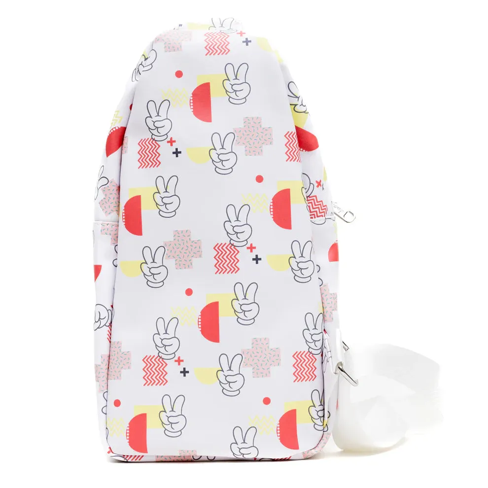 Mickey Mouse Peace Fingers and Icons Disney Buckle-Down Collage White Crossbody Sling Bag