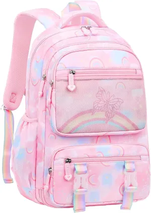 Mildame Kids Backpack for Girls Cute Rainbow Butterfly Backpacks for Teen Girls Age 8-12 Kindergarten Elementary Bookbag,Pink