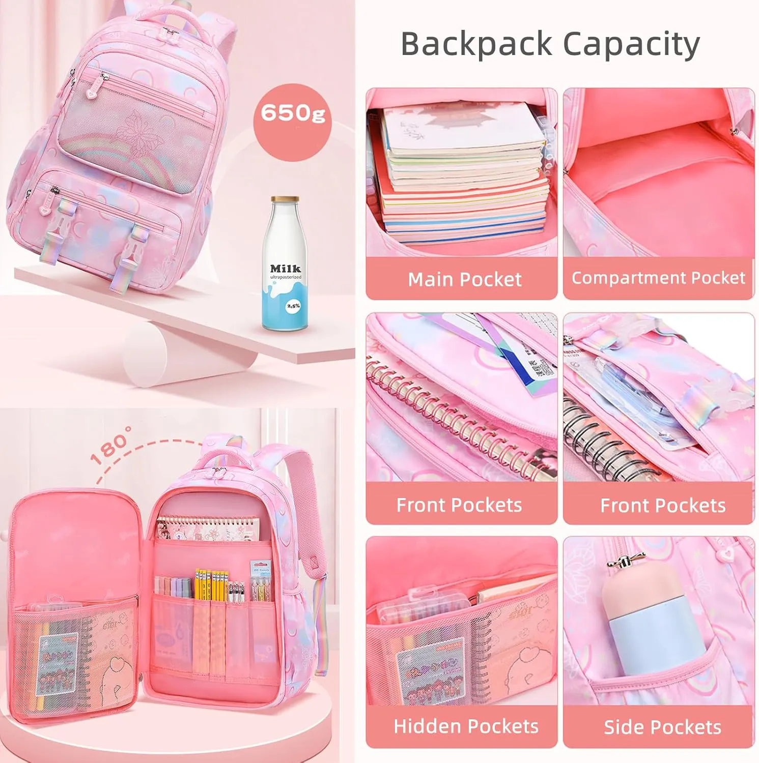 Mildame Kids Backpack for Girls Cute Rainbow Butterfly Backpacks for Teen Girls Age 8-12 Kindergarten Elementary Bookbag,Pink