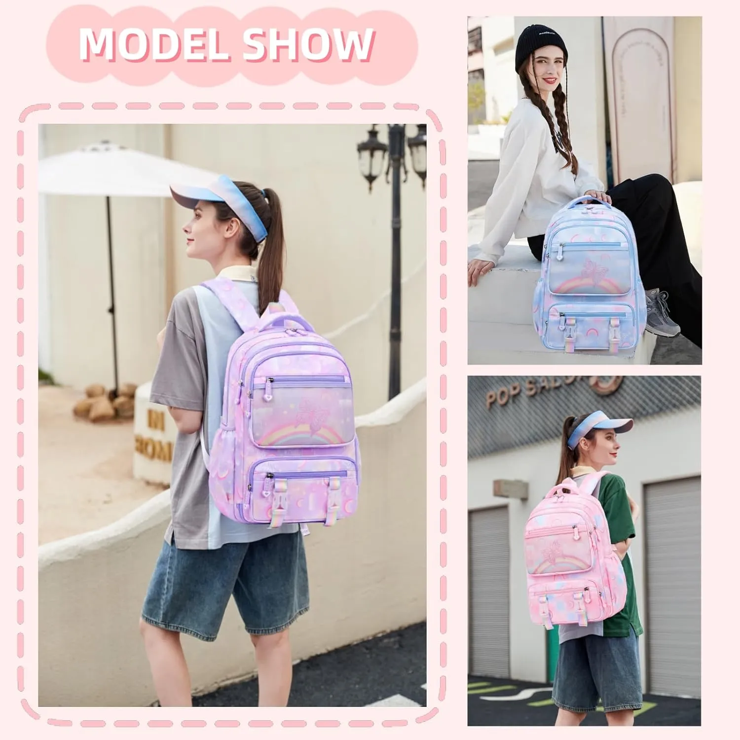 Mildame Kids Backpack for Girls Cute Rainbow Butterfly Backpacks for Teen Girls Age 8-12 Kindergarten Elementary Bookbag,Purple