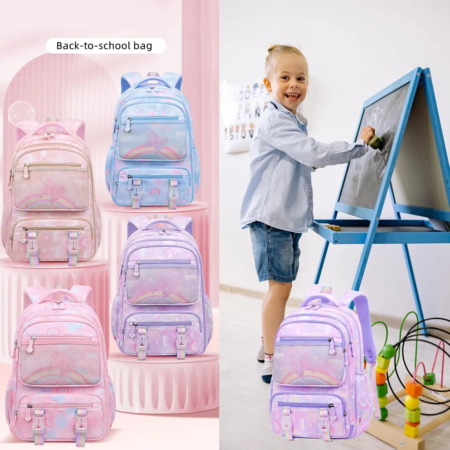 Mildame Kids Backpack for Girls Cute Rainbow Butterfly Backpacks for Teen Girls Age 8-12 Kindergarten Elementary Bookbag,Purple