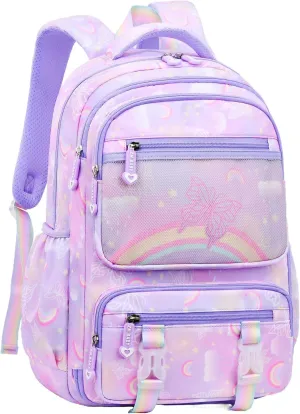 Mildame Kids Backpack for Girls Cute Rainbow Butterfly Backpacks for Teen Girls Age 8-12 Kindergarten Elementary Bookbag,Purple