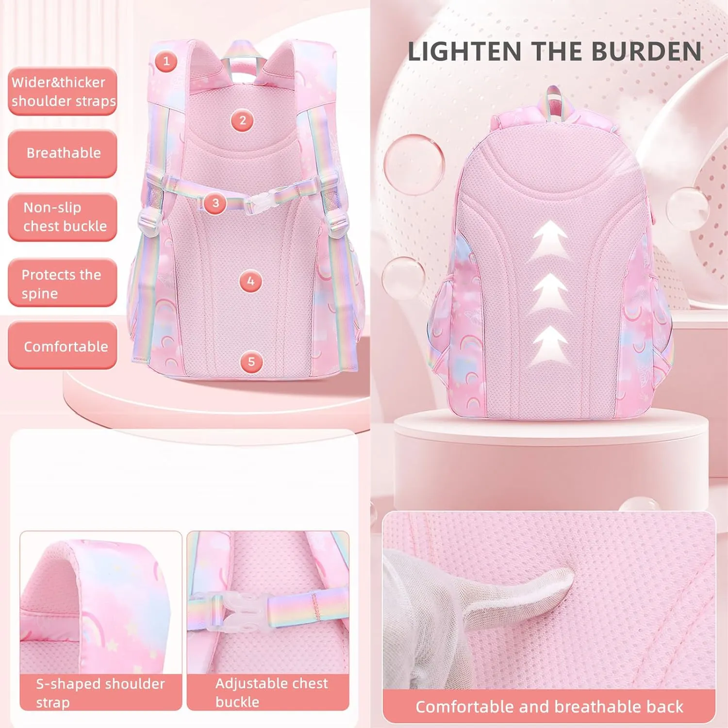Mildame Kids Backpack for Girls Cute Rainbow Butterfly Backpacks for Teen Girls Age 8-12 Kindergarten Elementary Bookbag,Purple