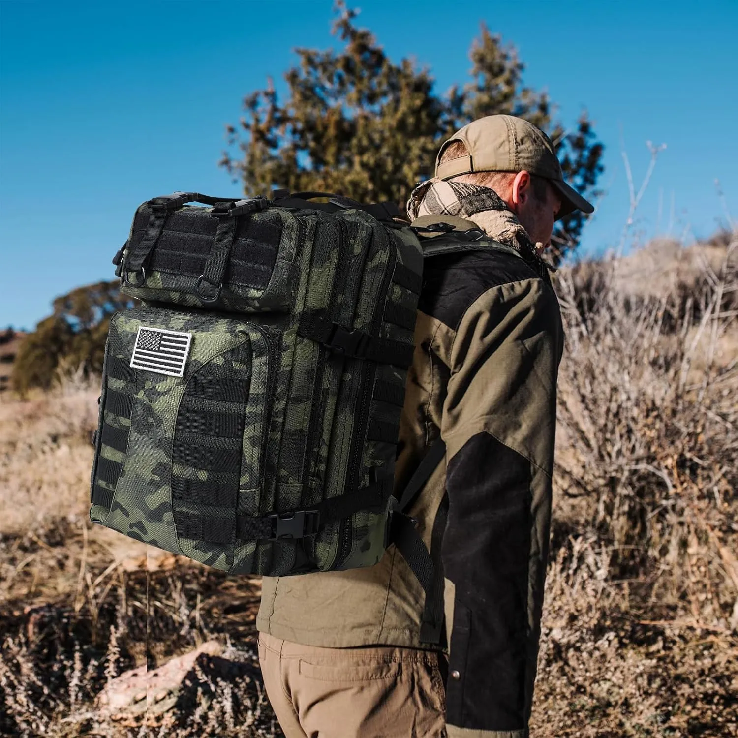 Military Tactical Backpack for Men - 45L Large Assault Tactical Backpacks Molle Hiking Pack 3 Days Bug Out Bag - Waterproof Tactical Rucksack for Camping/Traveling/Gym/Fishing - Black Camo