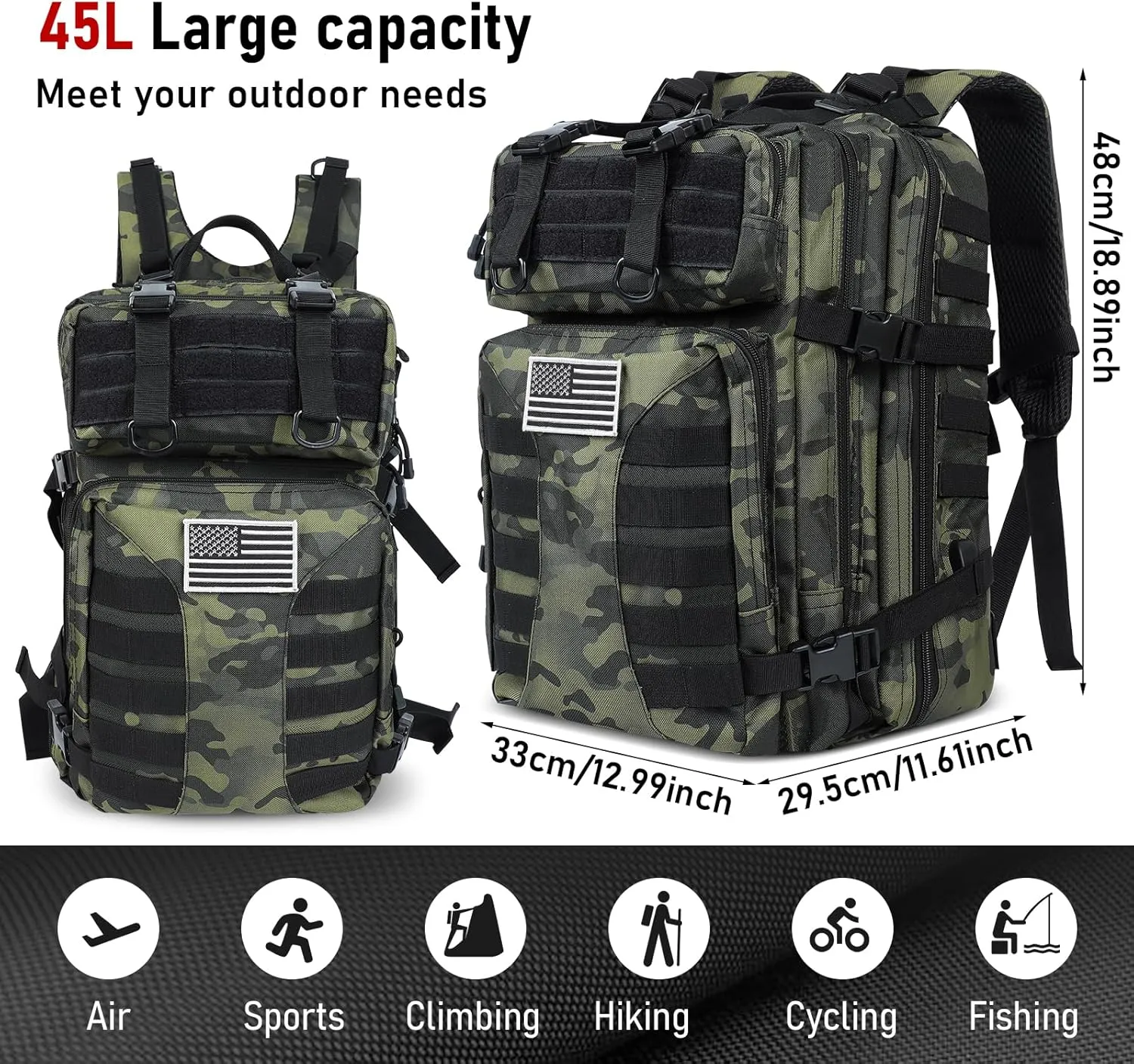 Military Tactical Backpack for Men - 45L Large Assault Tactical Backpacks Molle Hiking Pack 3 Days Bug Out Bag - Waterproof Tactical Rucksack for Camping/Traveling/Gym/Fishing - Black Camo
