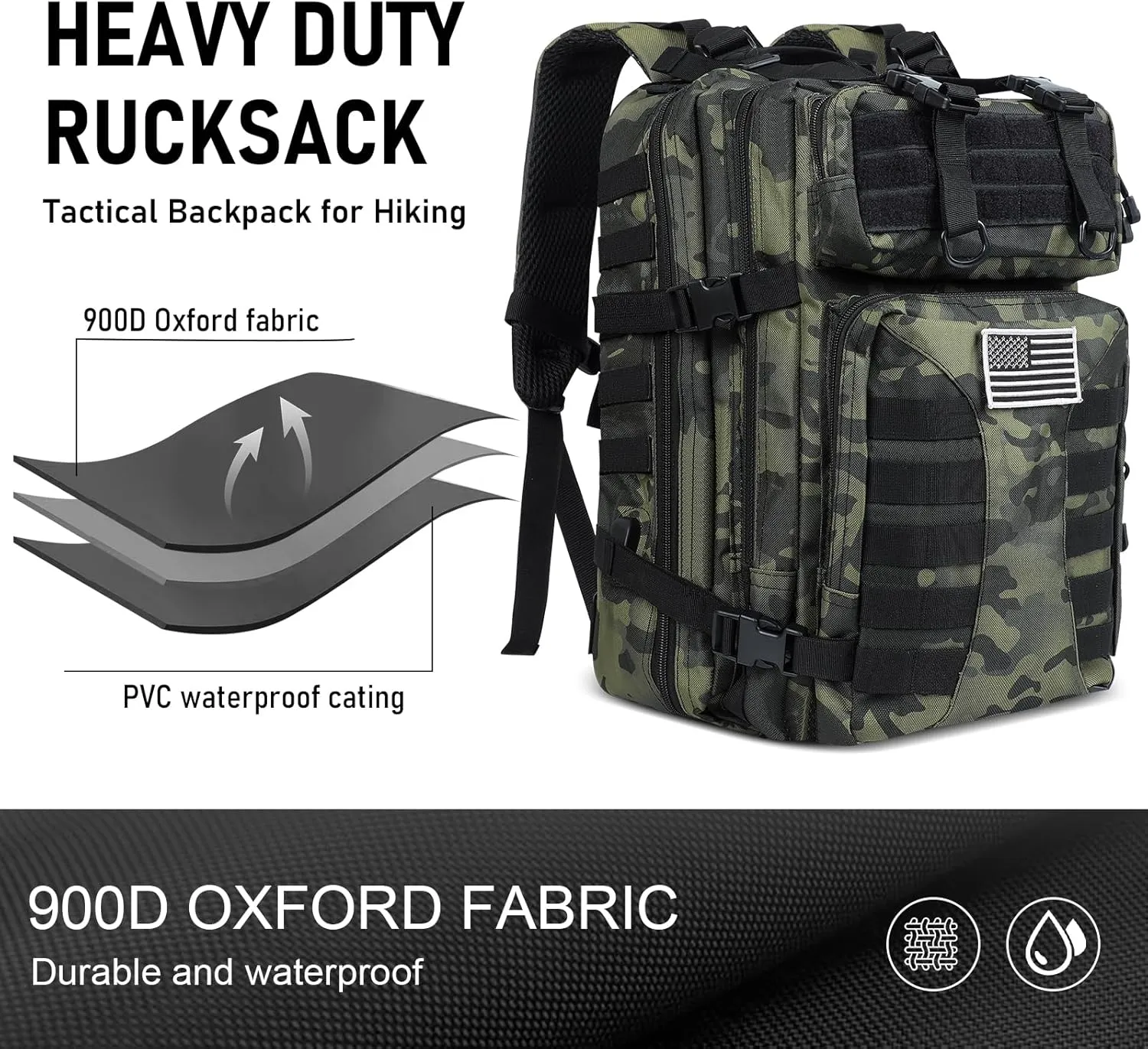 Military Tactical Backpack for Men - 45L Large Assault Tactical Backpacks Molle Hiking Pack 3 Days Bug Out Bag - Waterproof Tactical Rucksack for Camping/Traveling/Gym/Fishing - Black Camo