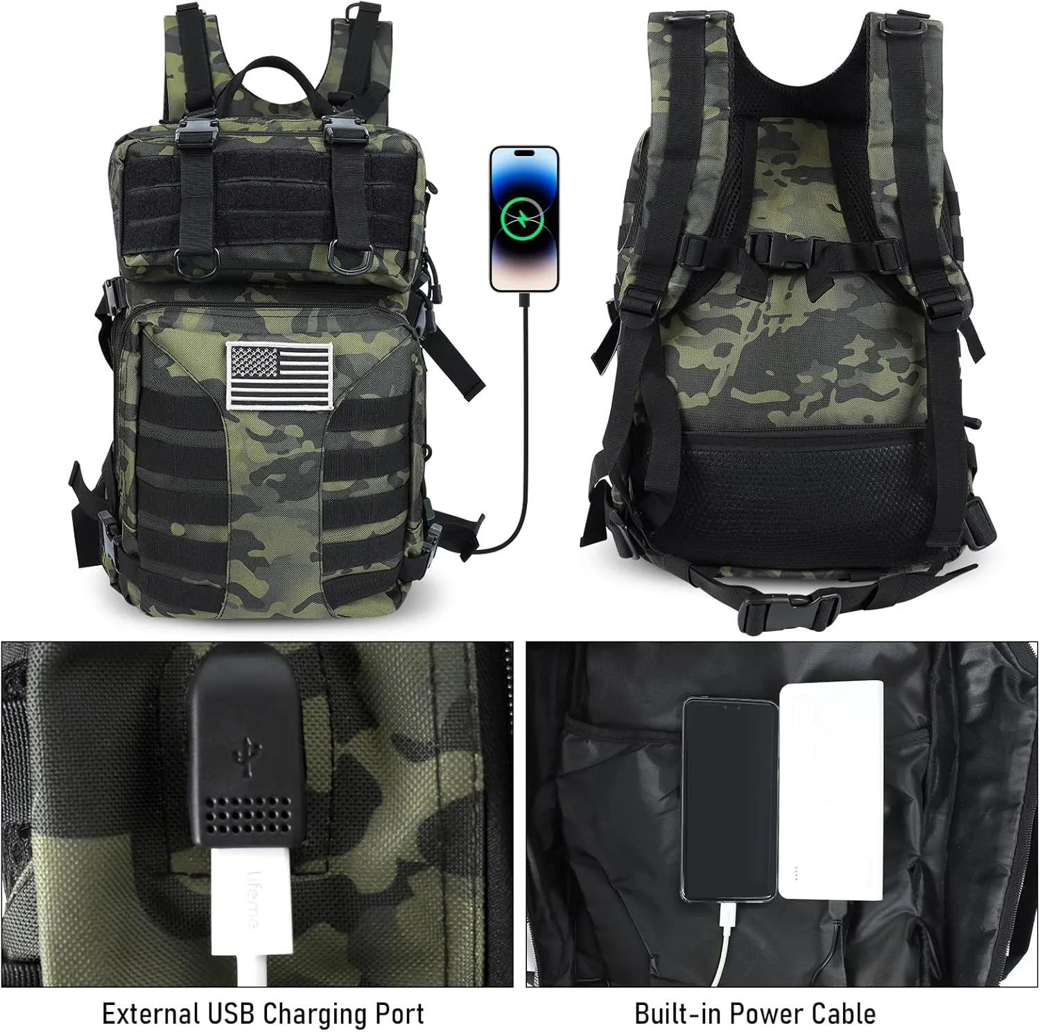 Military Tactical Backpack for Men - 45L Large Assault Tactical Backpacks Molle Hiking Pack 3 Days Bug Out Bag - Waterproof Tactical Rucksack for Camping/Traveling/Gym/Fishing - Black Camo