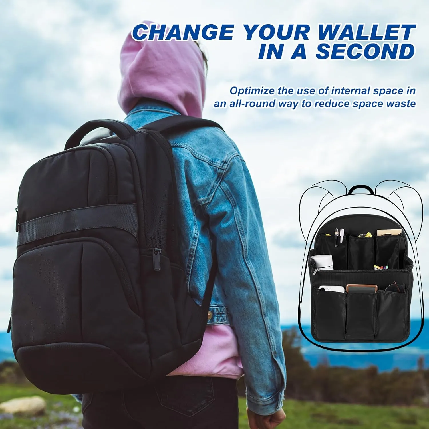 Mini Backpack Organizer Insert Waterproof Purse Insert Nylon Bag Organizer with Many Pockets for Men and Women, Fits Small Backpacks