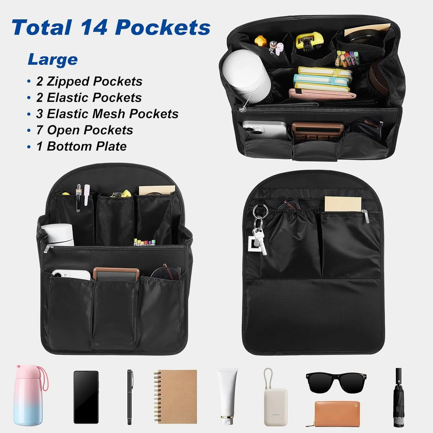 Mini Backpack Organizer Insert Waterproof Purse Insert Nylon Bag Organizer with Many Pockets for Men and Women, Fits Small Backpacks