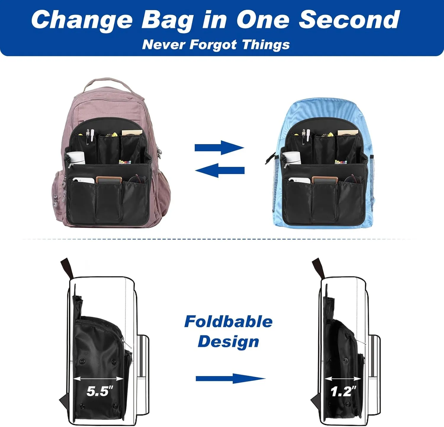 Mini Backpack Organizer Insert Waterproof Purse Insert Nylon Bag Organizer with Many Pockets for Men and Women, Fits Small Backpacks