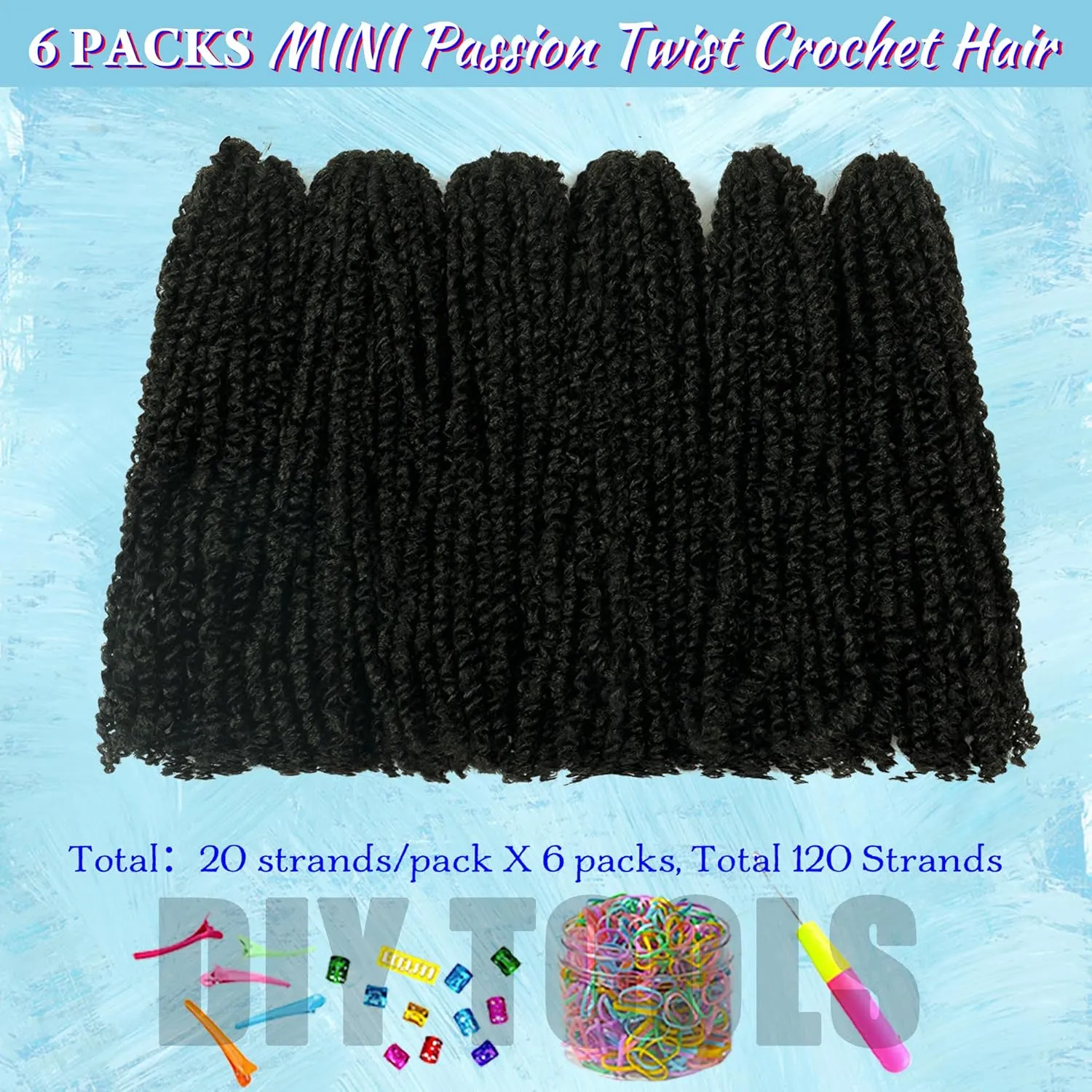 Mini Passion Twist Crochet Hair for Black Women-18 Inches 6 Packs Natural Black Pre Twisted Elastic and Cuttable Hair Extensions,Braided by Soft Synthetic Twist Bohemian Curl(18"-6P,1B)
