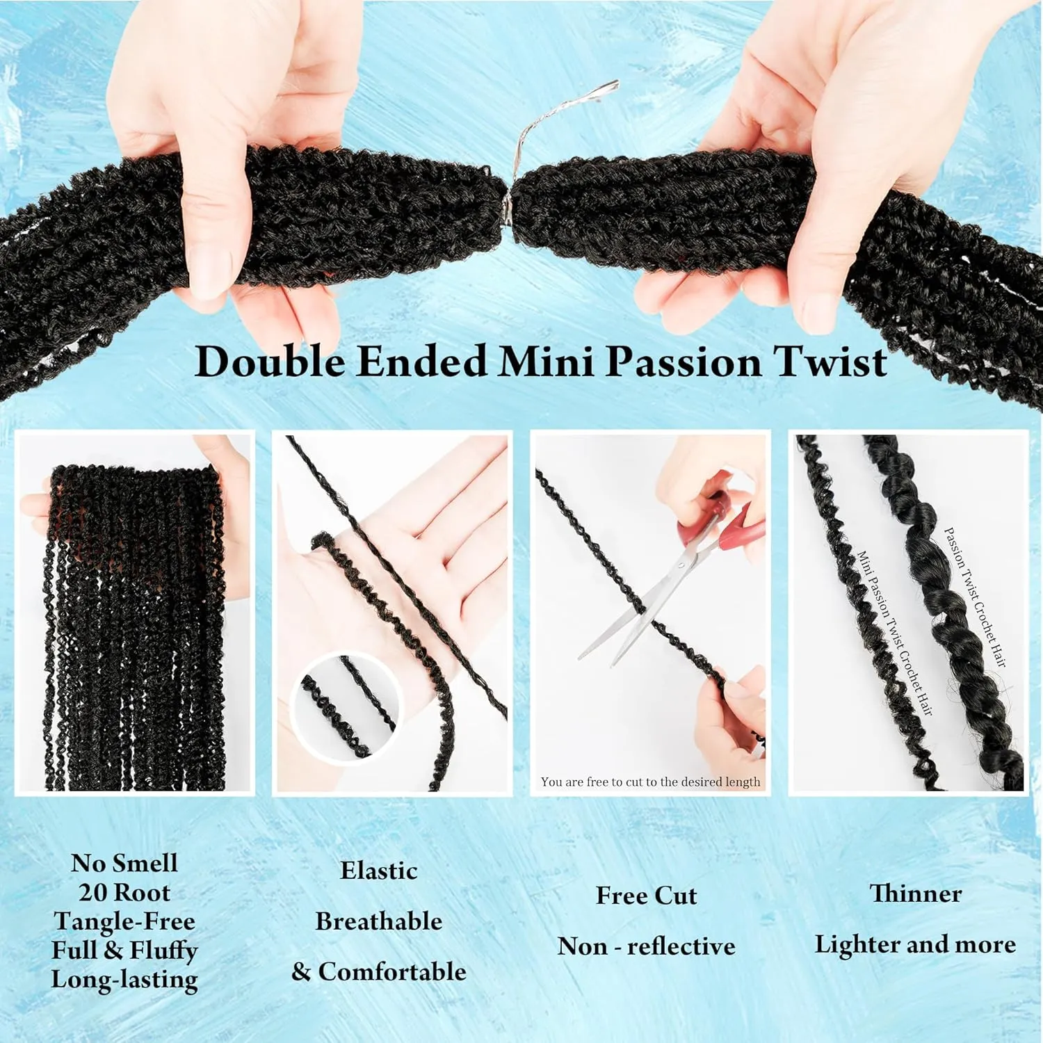 Mini Passion Twist Crochet Hair for Black Women-18 Inches 6 Packs Natural Black Pre Twisted Elastic and Cuttable Hair Extensions,Braided by Soft Synthetic Twist Bohemian Curl(18"-6P,1B)