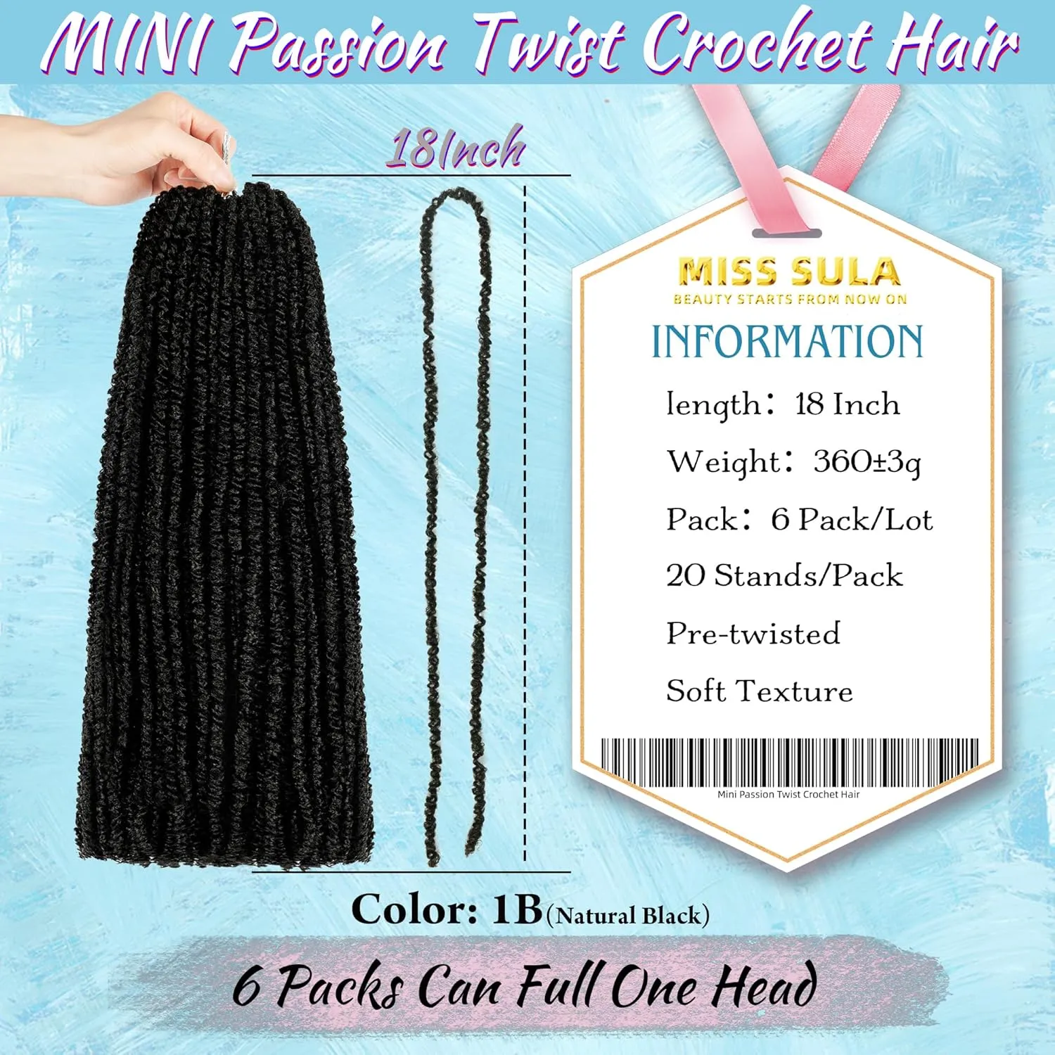 Mini Passion Twist Crochet Hair for Black Women-18 Inches 6 Packs Natural Black Pre Twisted Elastic and Cuttable Hair Extensions,Braided by Soft Synthetic Twist Bohemian Curl(18"-6P,1B)