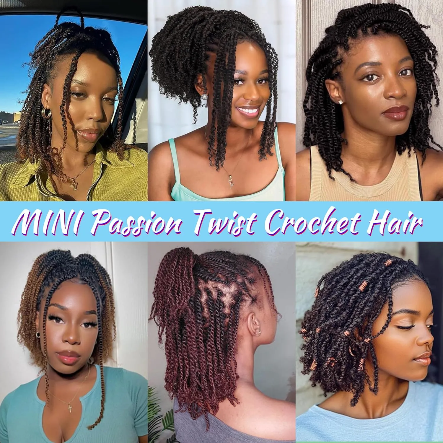 Mini Passion Twist Crochet Hair for Black Women-18 Inches 6 Packs Natural Black Pre Twisted Elastic and Cuttable Hair Extensions,Braided by Soft Synthetic Twist Bohemian Curl(18"-6P,1B)