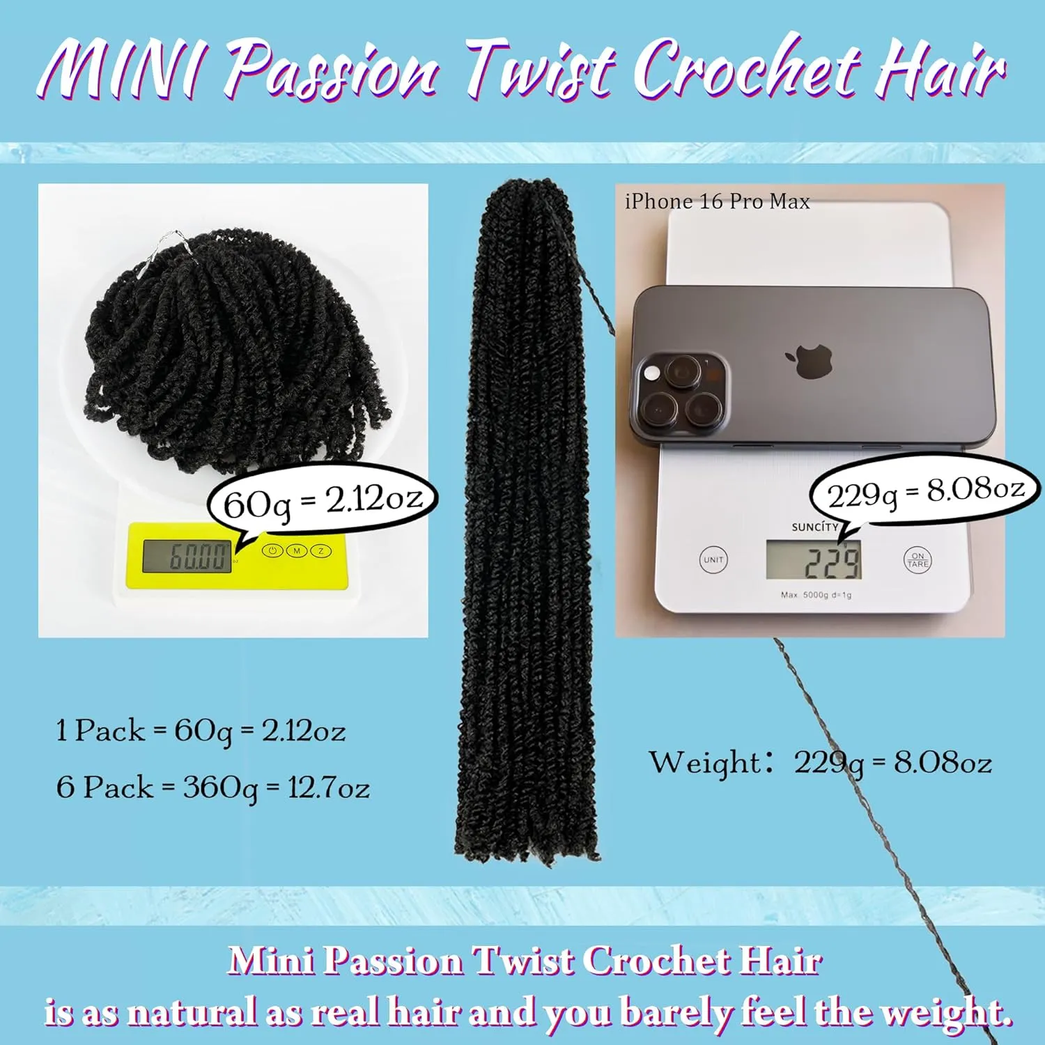 Mini Passion Twist Crochet Hair for Black Women-18 Inches 6 Packs Natural Black Pre Twisted Elastic and Cuttable Hair Extensions,Braided by Soft Synthetic Twist Bohemian Curl(18"-6P,1B)