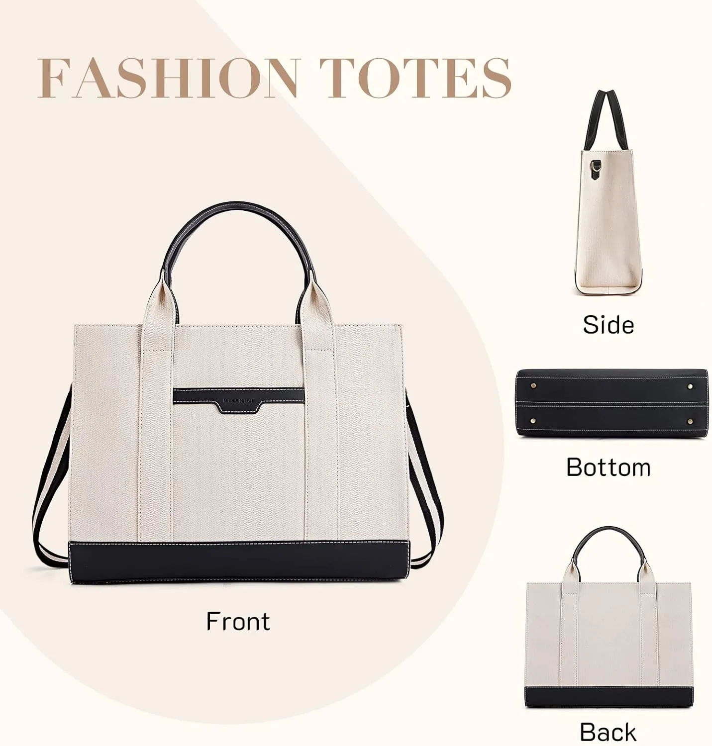 Missnine Tote Bag Canvas Laptop Bag 15.6 inch Briefcase for Women Large Capacity Handbag for Office, School, Travel