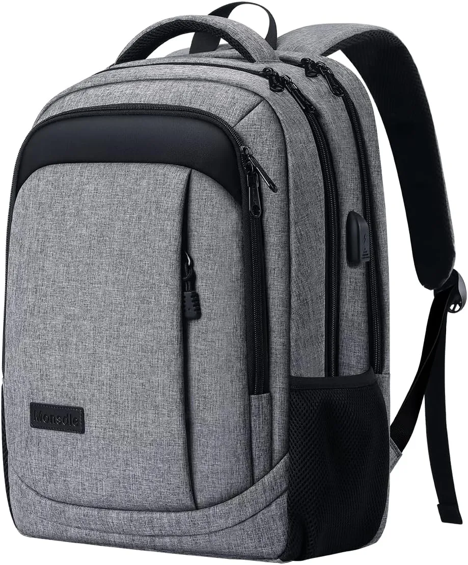 Monsdle Travel Laptop Backpack Anti Theft Backpacks with USB Charging Port, Travel Backpacks Business Work Bag 15.6 Inch College Computer Bag for Men Women, Grey