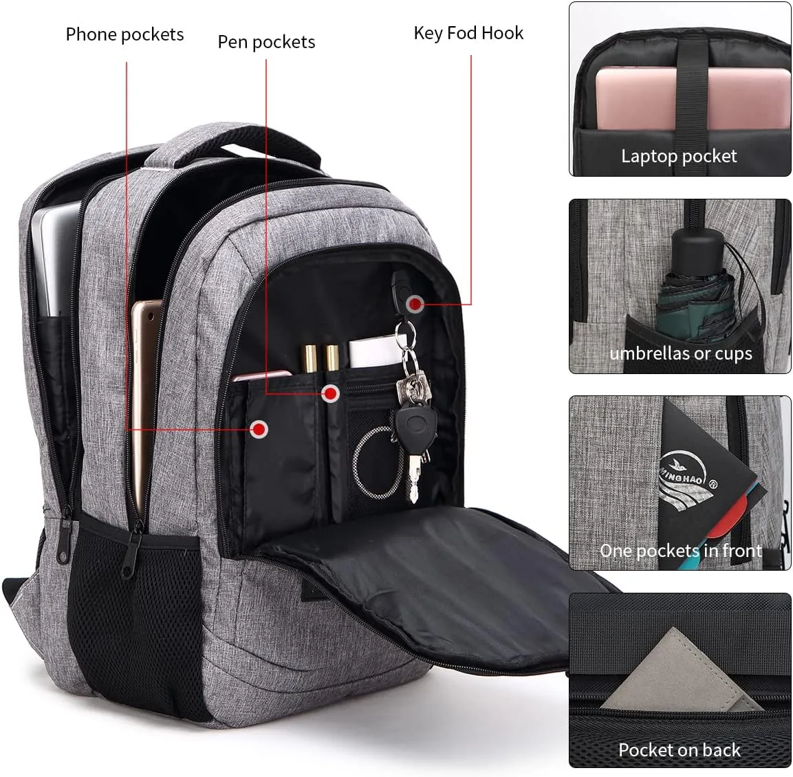 Monsdle Travel Laptop Backpack Anti Theft Backpacks with USB Charging Port, Travel Backpacks Business Work Bag 15.6 Inch College Computer Bag for Men Women, Grey