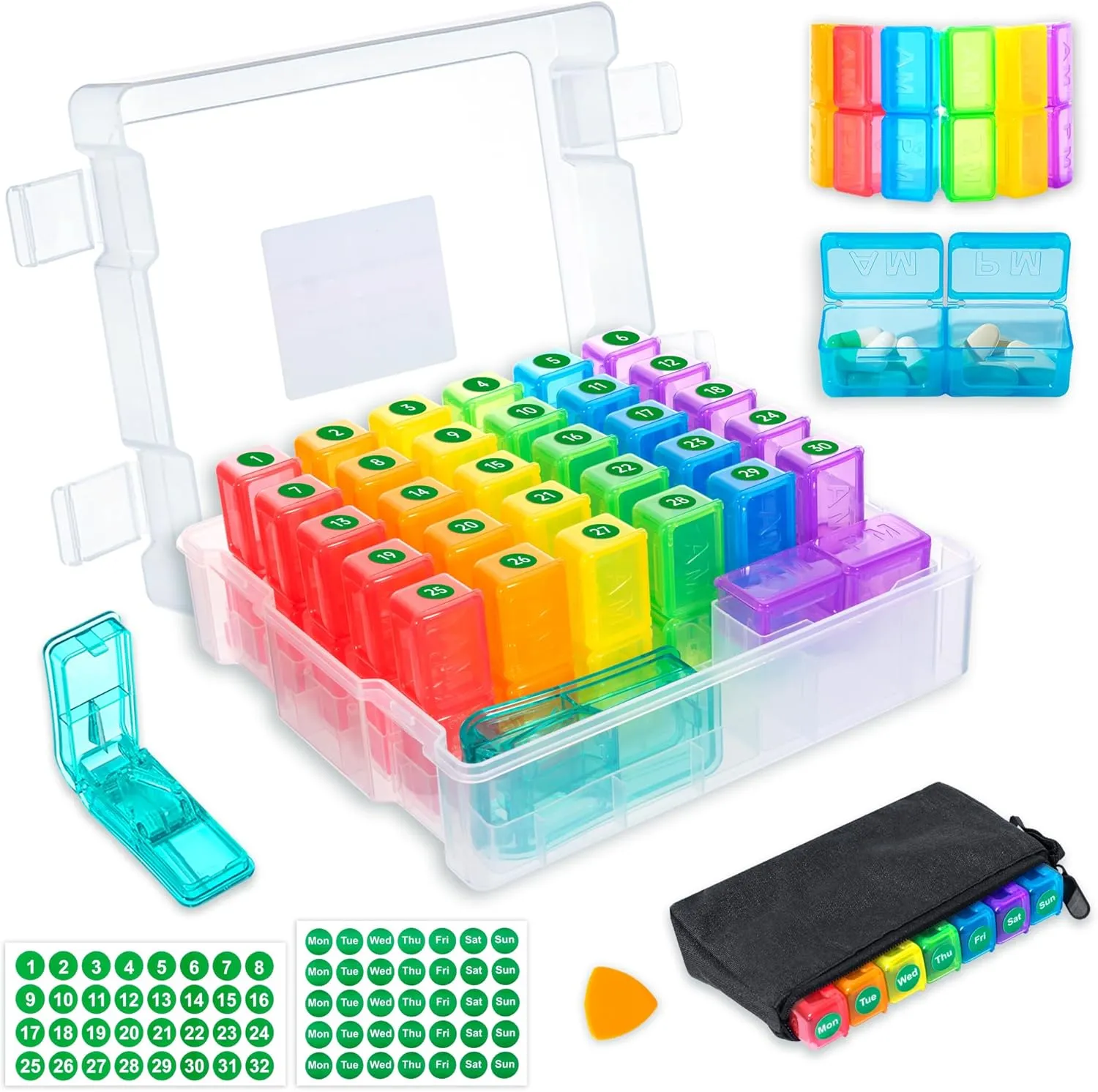Monthly Pill Organizer 2 Times a Day–Large Capacity Portable Pill Box with Weekly Travel Bag - 30-Day Pill Case with Pill Cutter & Labels for Easy Medication Management (White)