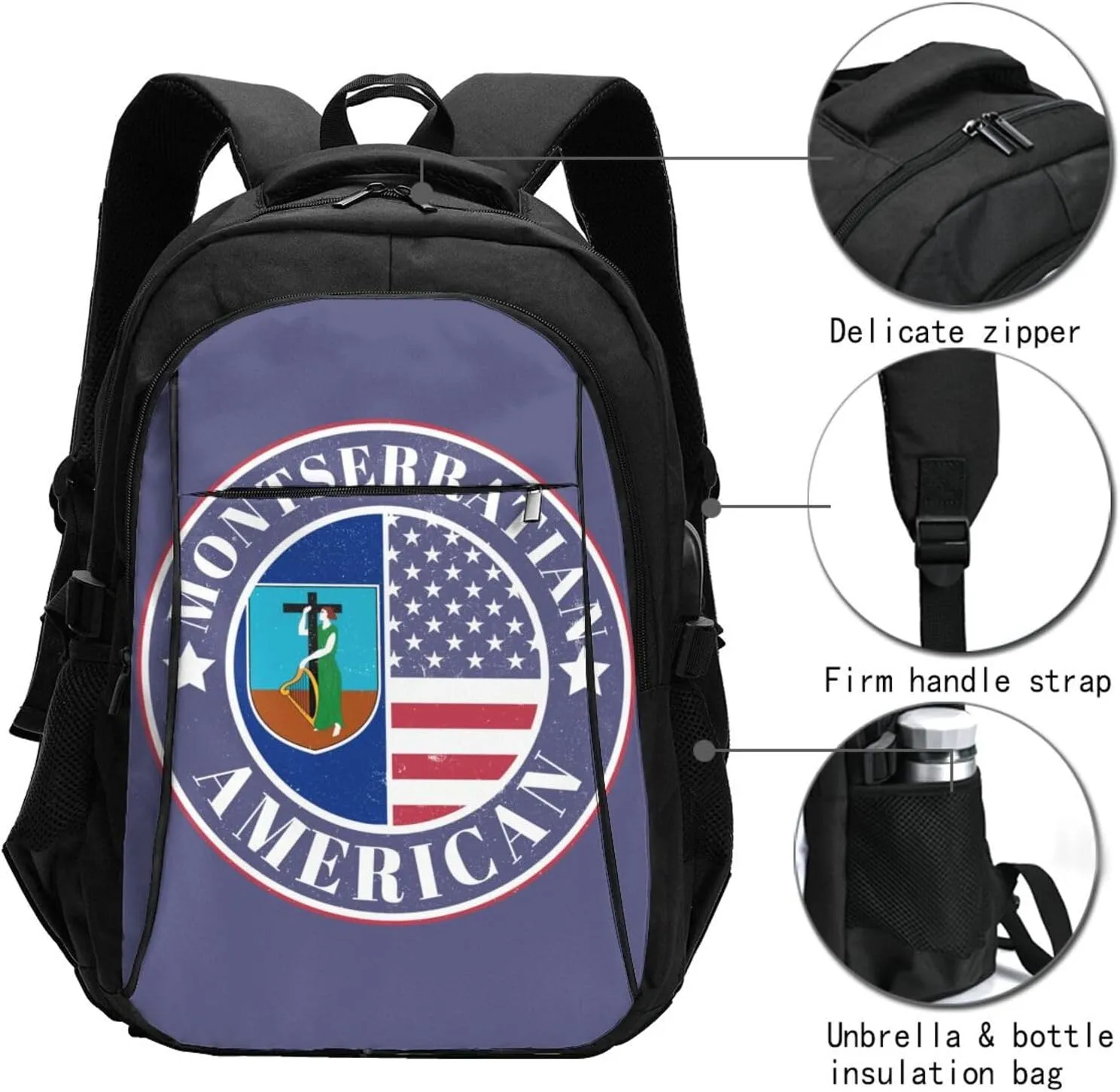 Montserratian American Badge Montserrat Flag Business Laptop Backpack Travel Backpacks Outdoor Rucksack Large Bag Daypack with USB Charging Port Multi-Pocket for Hiking Camping