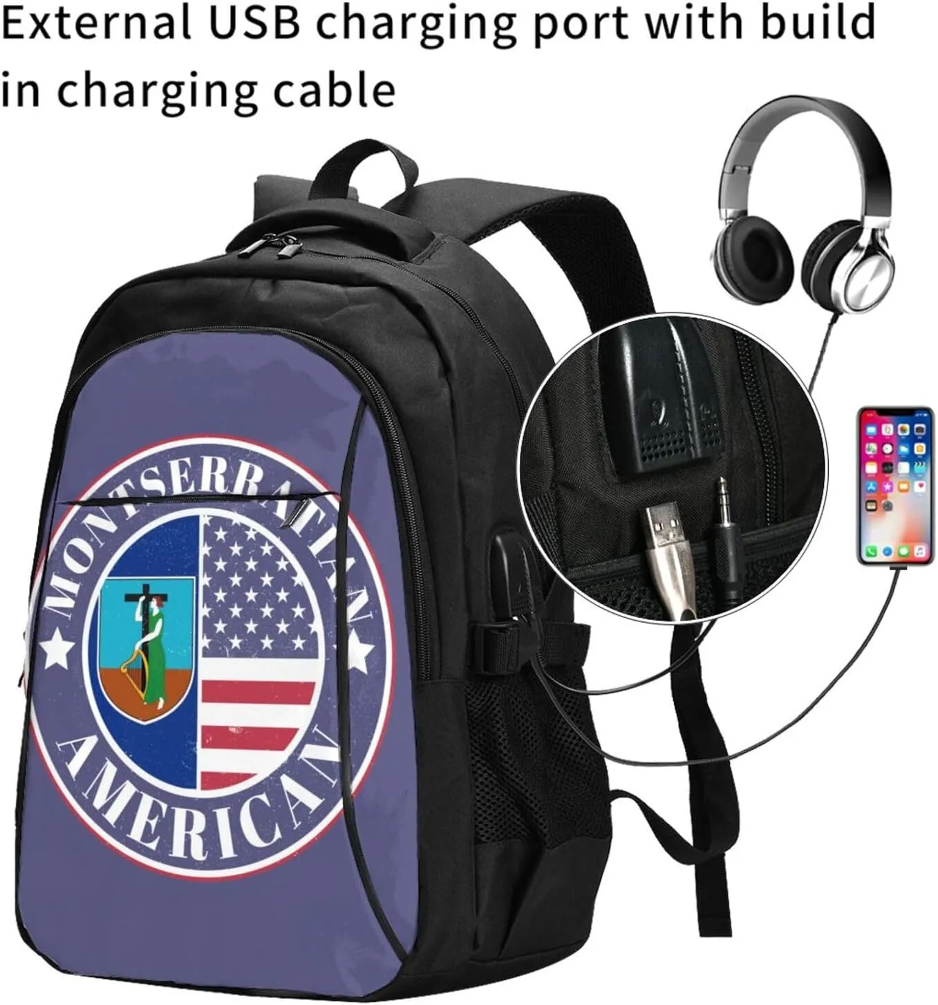 Montserratian American Badge Montserrat Flag Business Laptop Backpack Travel Backpacks Outdoor Rucksack Large Bag Daypack with USB Charging Port Multi-Pocket for Hiking Camping