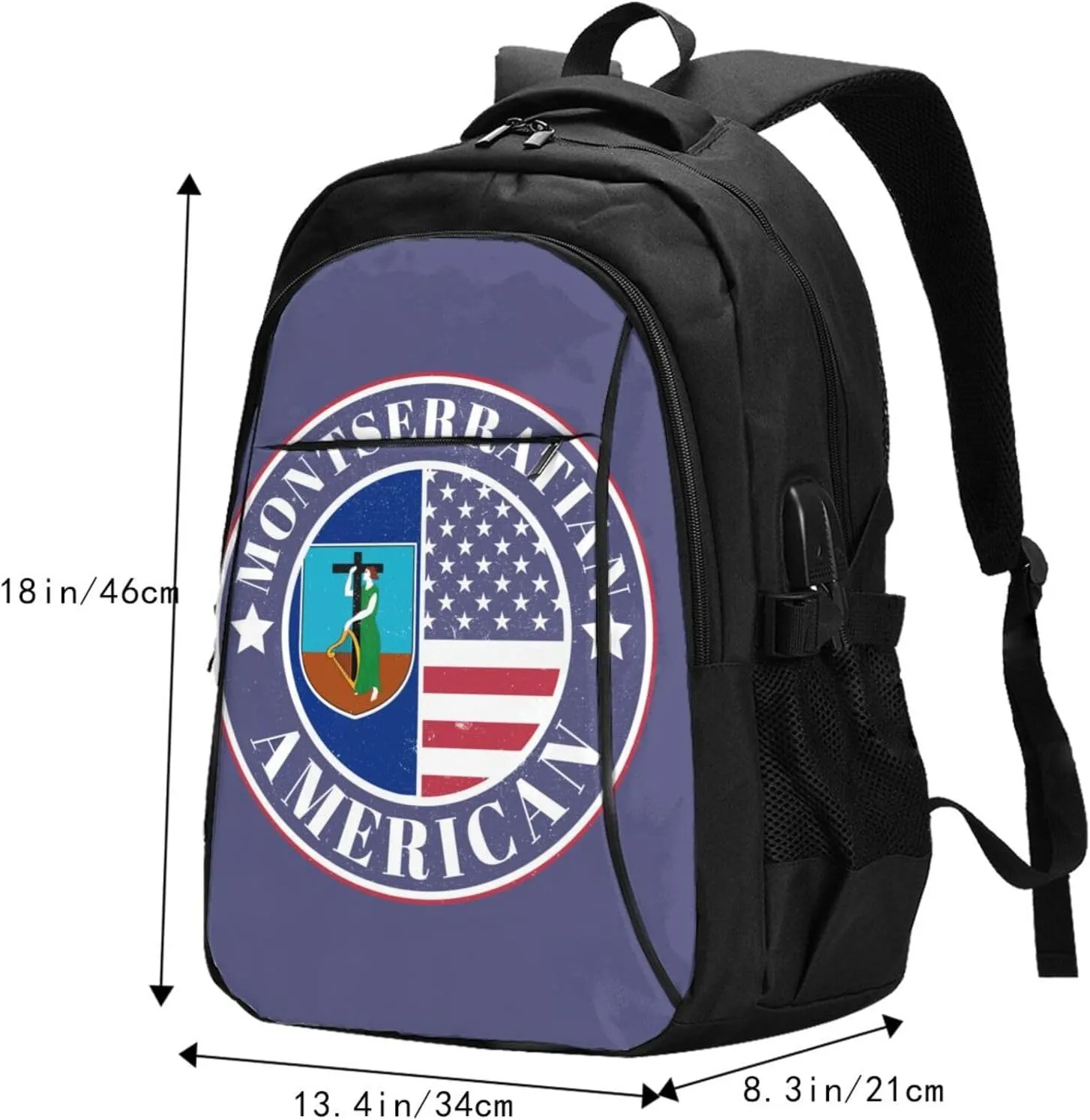 Montserratian American Badge Montserrat Flag Business Laptop Backpack Travel Backpacks Outdoor Rucksack Large Bag Daypack with USB Charging Port Multi-Pocket for Hiking Camping