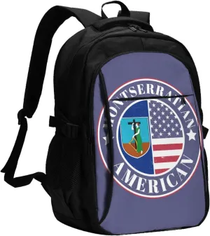Montserratian American Badge Montserrat Flag Business Laptop Backpack Travel Backpacks Outdoor Rucksack Large Bag Daypack with USB Charging Port Multi-Pocket for Hiking Camping