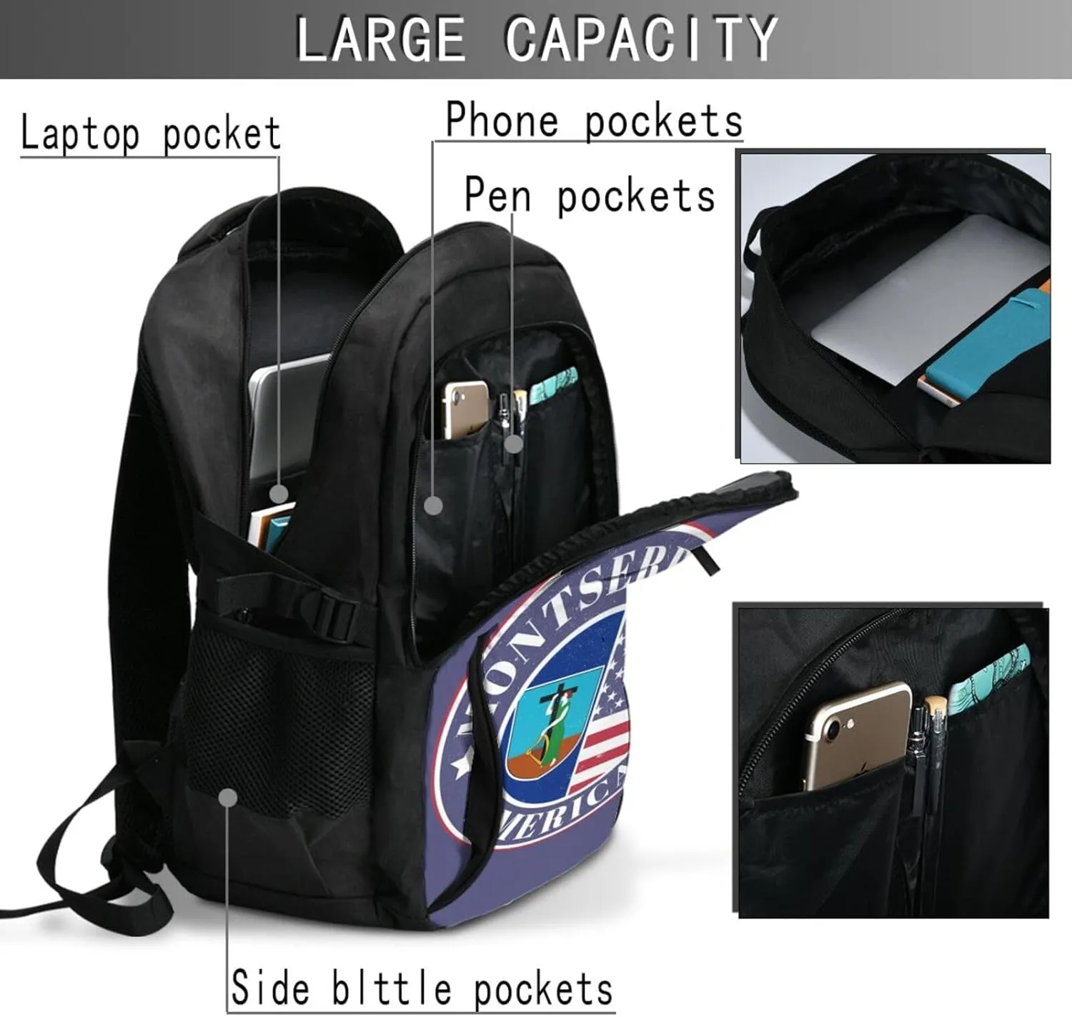 Montserratian American Badge Montserrat Flag Business Laptop Backpack Travel Backpacks Outdoor Rucksack Large Bag Daypack with USB Charging Port Multi-Pocket for Hiking Camping