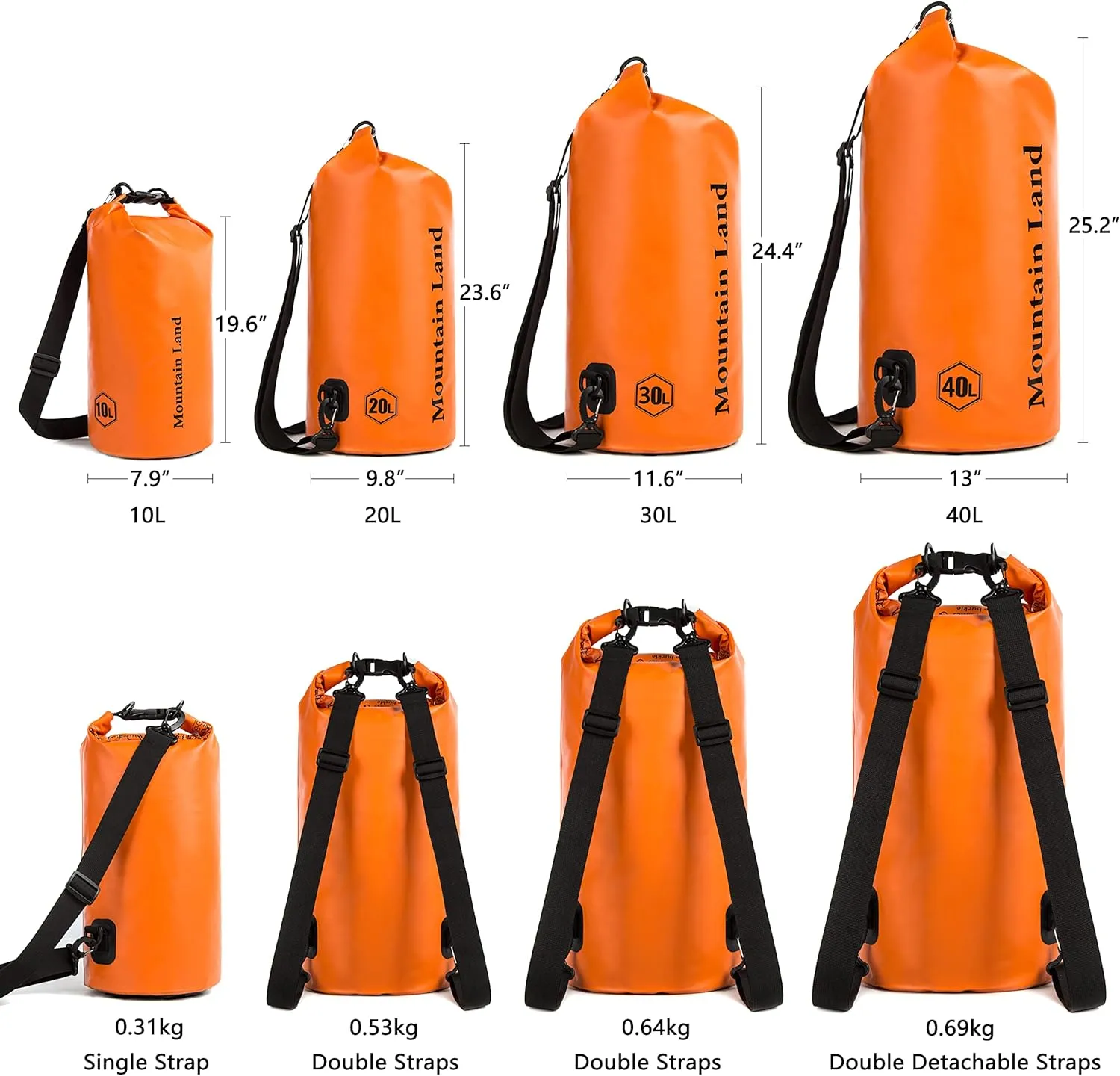 Mountain Land Waterproof Beach Dry Bag 20L Roll Top Backpack Boat Bag Dry Sack for Kayaking Rafting Fishing Hiking Camping Orange