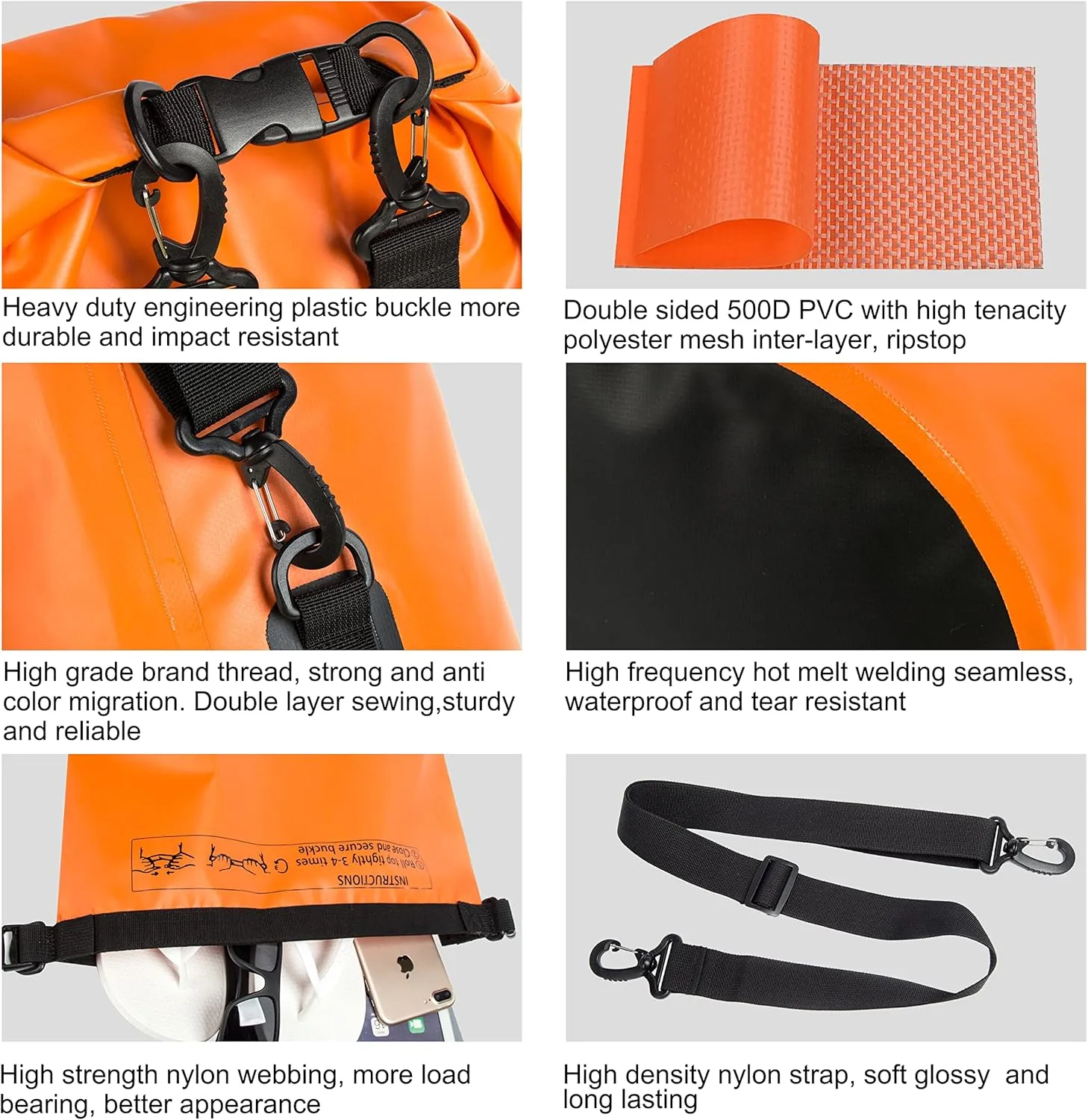 Mountain Land Waterproof Beach Dry Bag 20L Roll Top Backpack Boat Bag Dry Sack for Kayaking Rafting Fishing Hiking Camping Orange