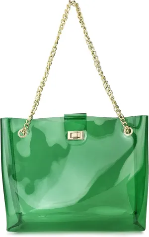 Multifunction Clear Chain Tote with Turn Lock Womens Shoulder Handbag